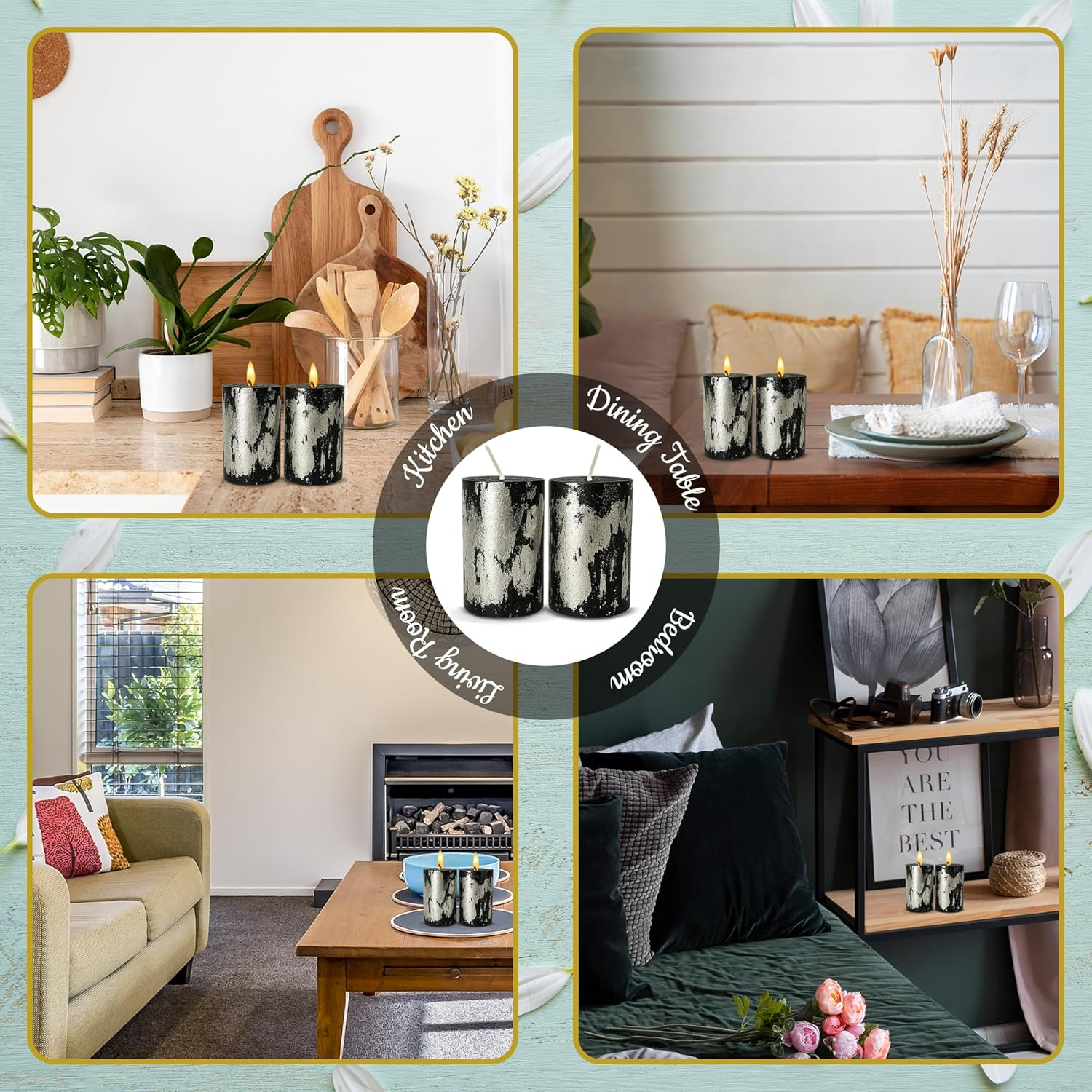 Apexor 2-Piece Black Silver Foil Pillar Candles &ndash; Berry Blossom Scent, Hand-Poured &ndash; Decorative Candle Ideal for Home Holidays & Parties image number 3