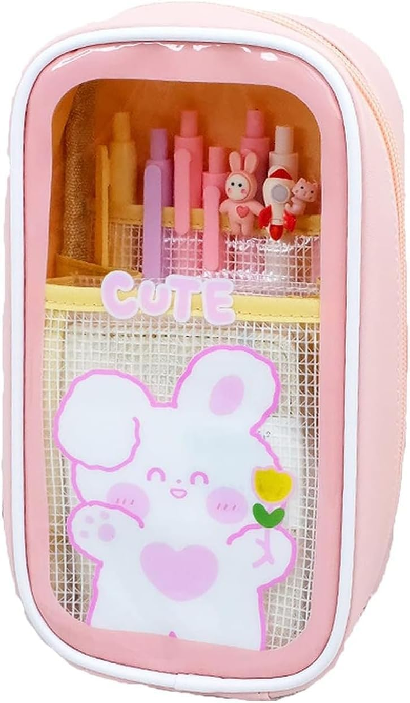 Kawaii Aesthetic Pencil Case, Clear Pouch, Large Capacity, Cartoon Stationery Bag, Pink image number 1