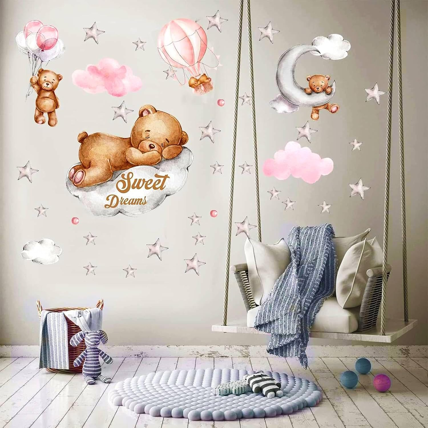POILKMNI Tedy Bear Sleeping on the Moon and Stars Wall Stickers for Kids Baby Room Decor Sweet Dream Hot Air Balloon Star Nursery Shower Interior Kid Bedroom Playroom Decals (Pink)