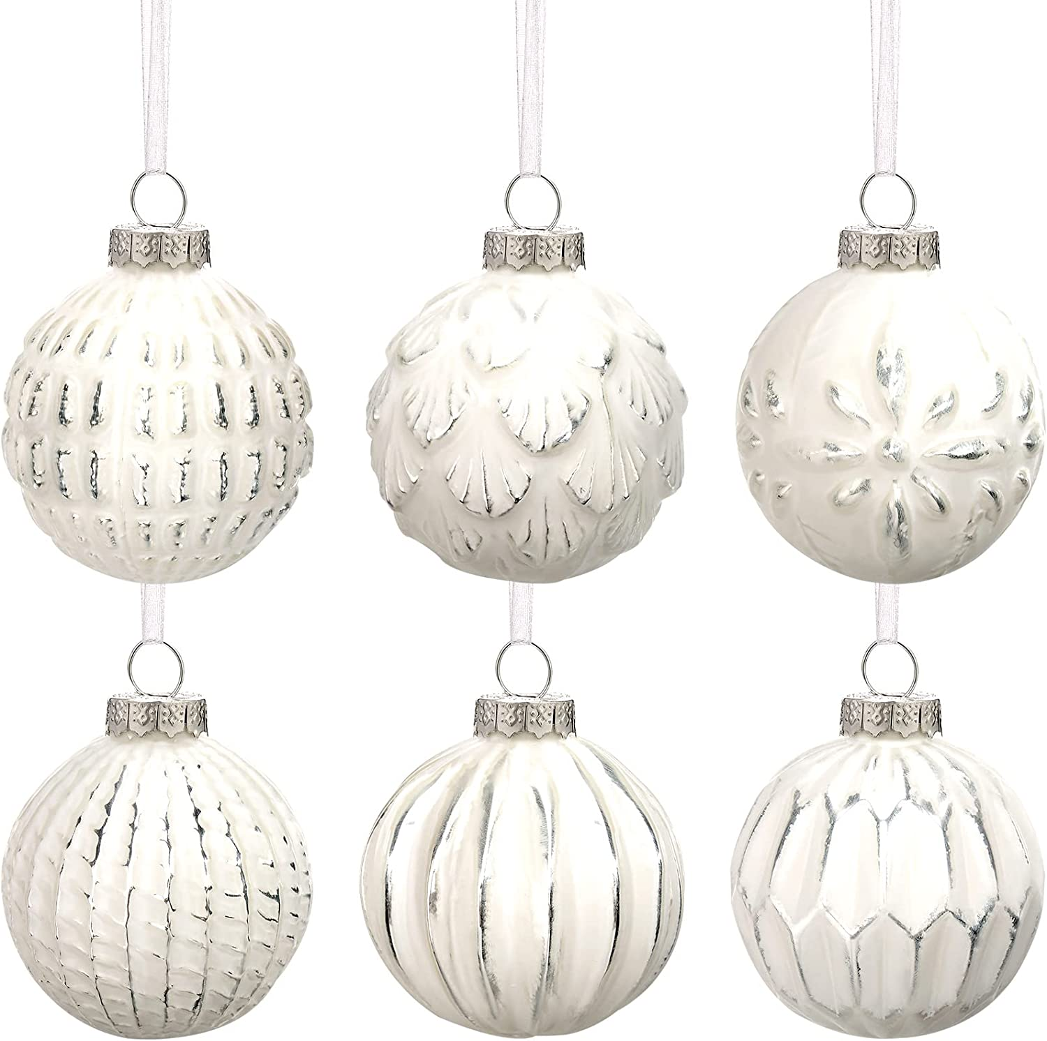 Kathfly 6 Pcs Farmhouse Ball Ornaments Distressed Metal Glass Ball Vintage Style Christmas Balls Retro Glass Ornaments for Christmas Tree (White)