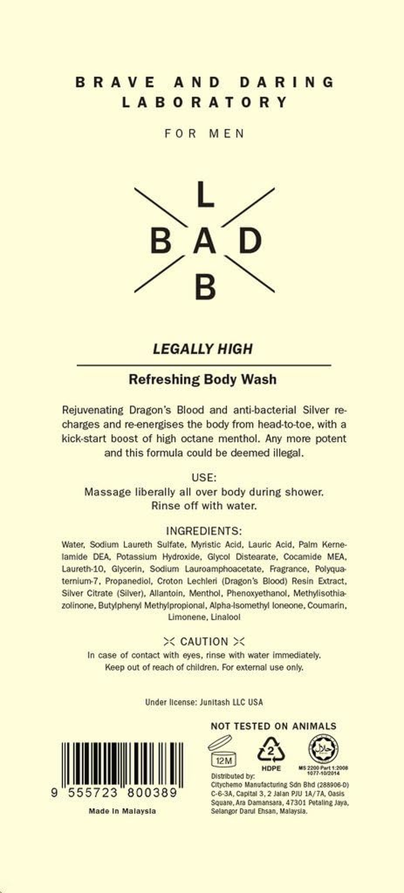 Bad Lab Legally High Antibacterial Body Wash for Men - Cool, Re-Energises, Fresh Feeling Suitable for All Skin Types (13.5 Oz) image number 1