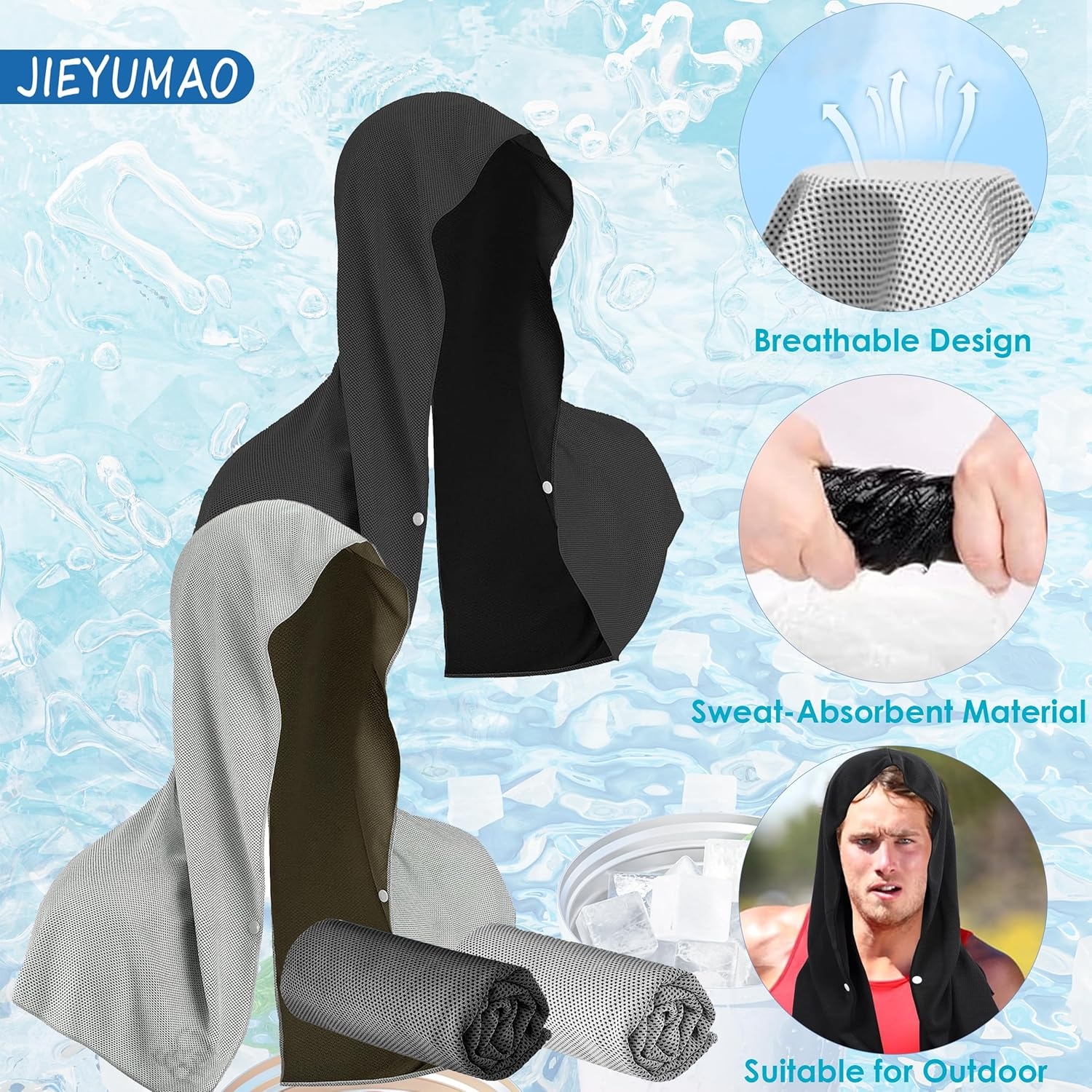 JIEYUMAO 4Pcs Cooling Hoodie Towel, 2 Styles Cooling Towels for Neck and Face, UV Sun Protection Coolin Neck Wraps Ice Sports Towel Lightweight Sport Head Towel for Yoga Running Hiking image number 4