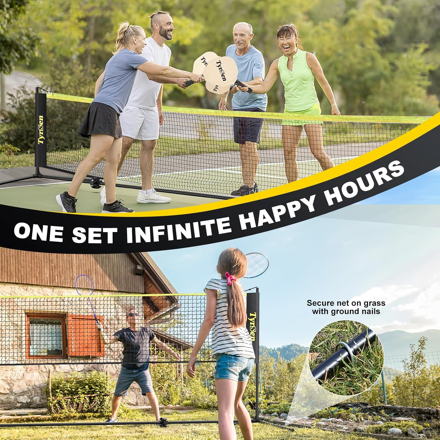 TYRSEN Portable Pickleball Badminton Net Set, 17FT Adjustable Heights All-In-One Net W/4 Pickleball Paddles 4 Badminton Rackets, Freestanding Pickleball Badminton Net for Backyard Driveway image number 5