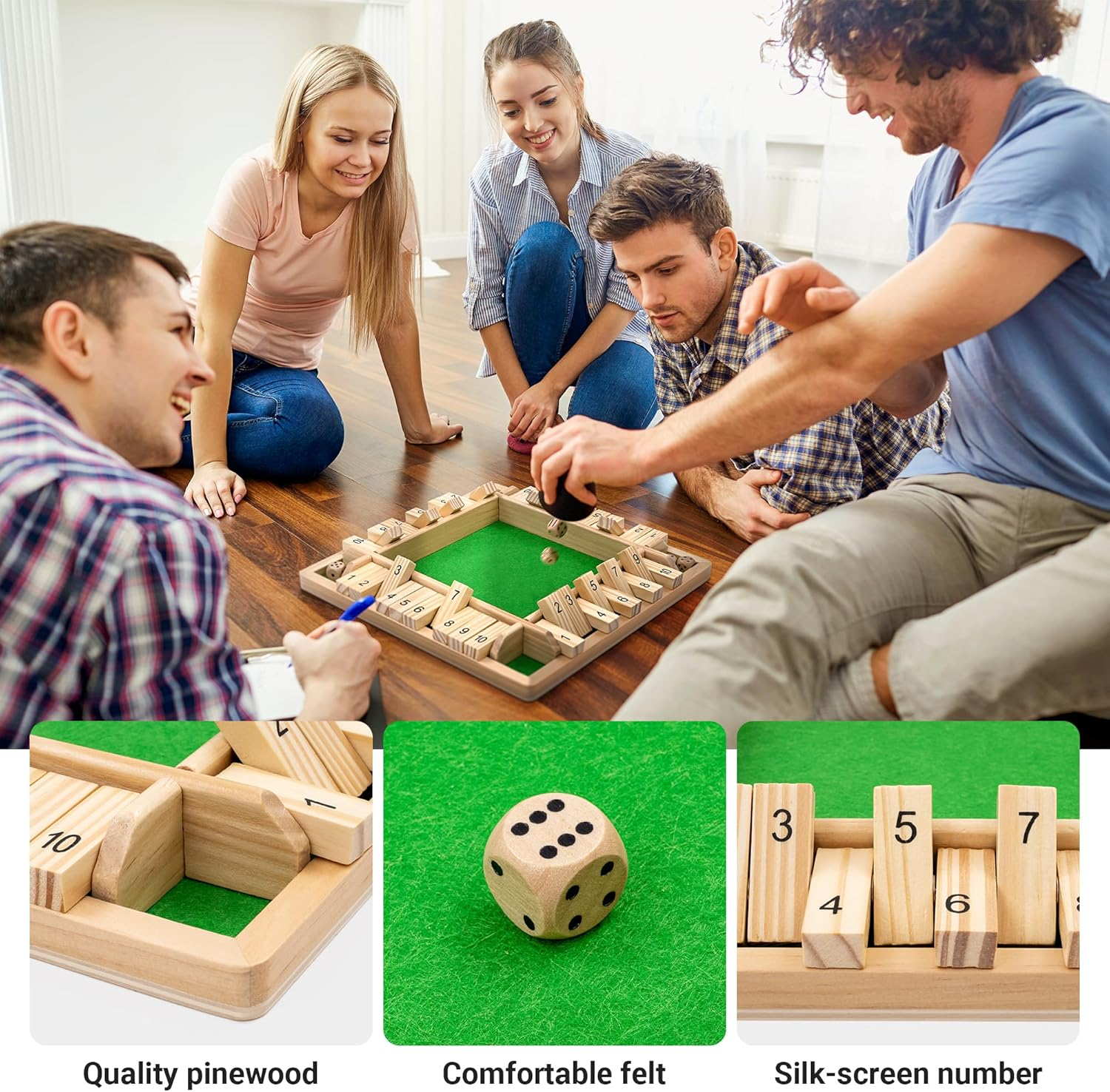 ROPODA 4-Way Shut the Box Dice Game (2-4 Players) for Kids + Adults [4 Sided Large Wooden Board Game, 8 Dice + Shut-The-Box Rules] Smart Game for Learning Numbers, Strategy + Risk Management image number 4