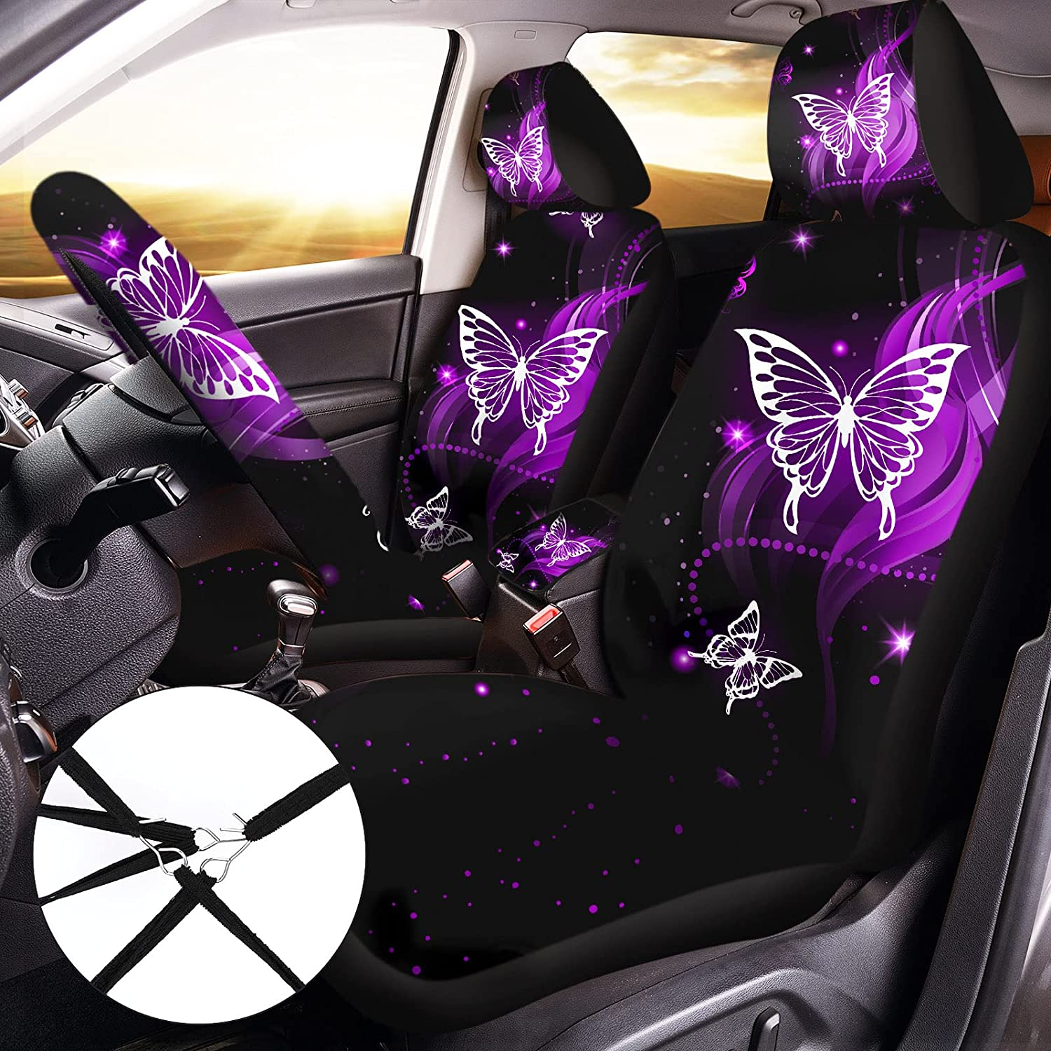 15 Pcs Butterfly Car Seat Covers Full Set Butterfly Front Rear Seat Covers Steering Wheel Cover Wrist Strap Coasters Armrest Shoulder Pads (Purple Glitter Butterfly Style) - Classic Butterfly Style image number 4