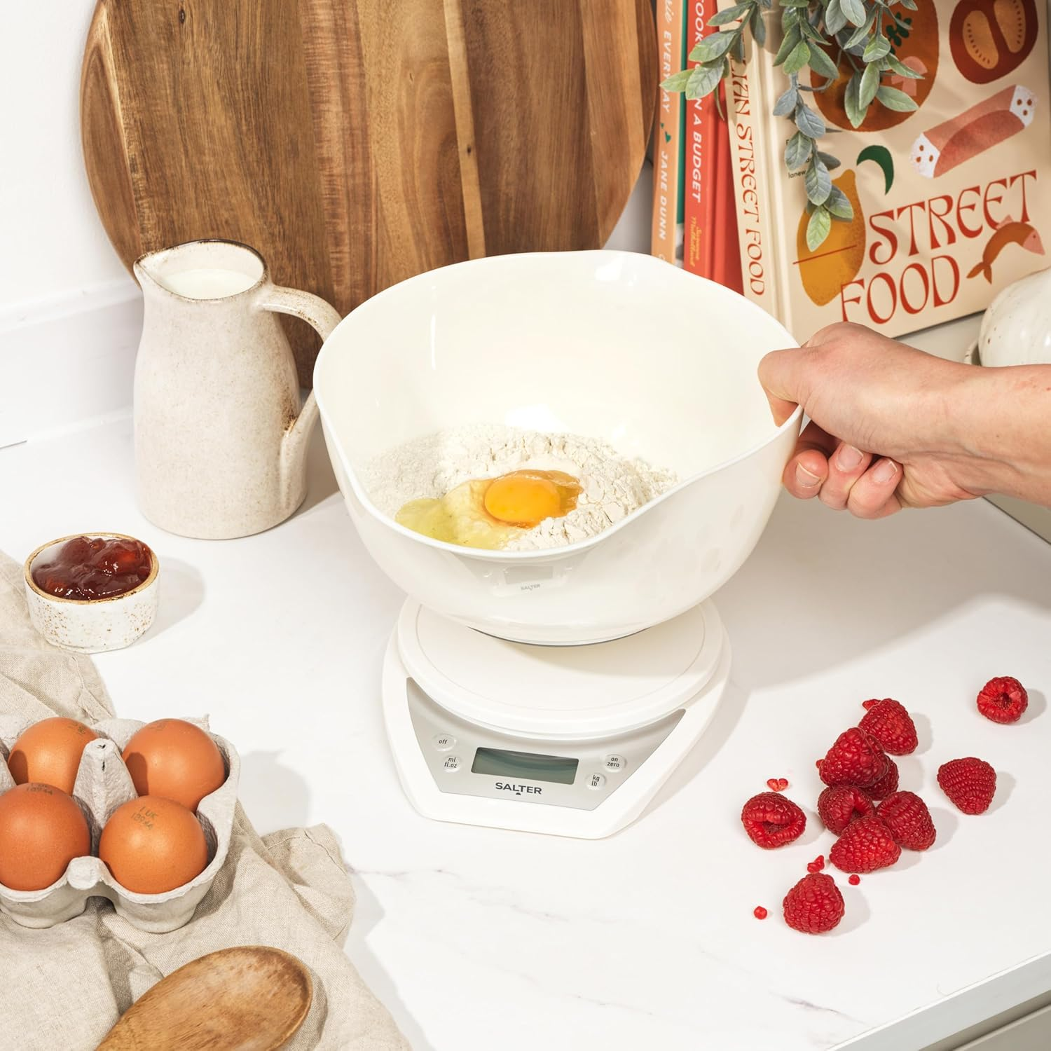 Salter 1024 WHDR14 Dual Pour Digital Kitchen Scale - Includes 2L Mixing Bowl, Wide & Narrow Pouring Spouts for Wet & Dry Ingredients, Measure Liquids, Add & Weigh, Easy Read LCD Display, 5Kg Capacity image number 3