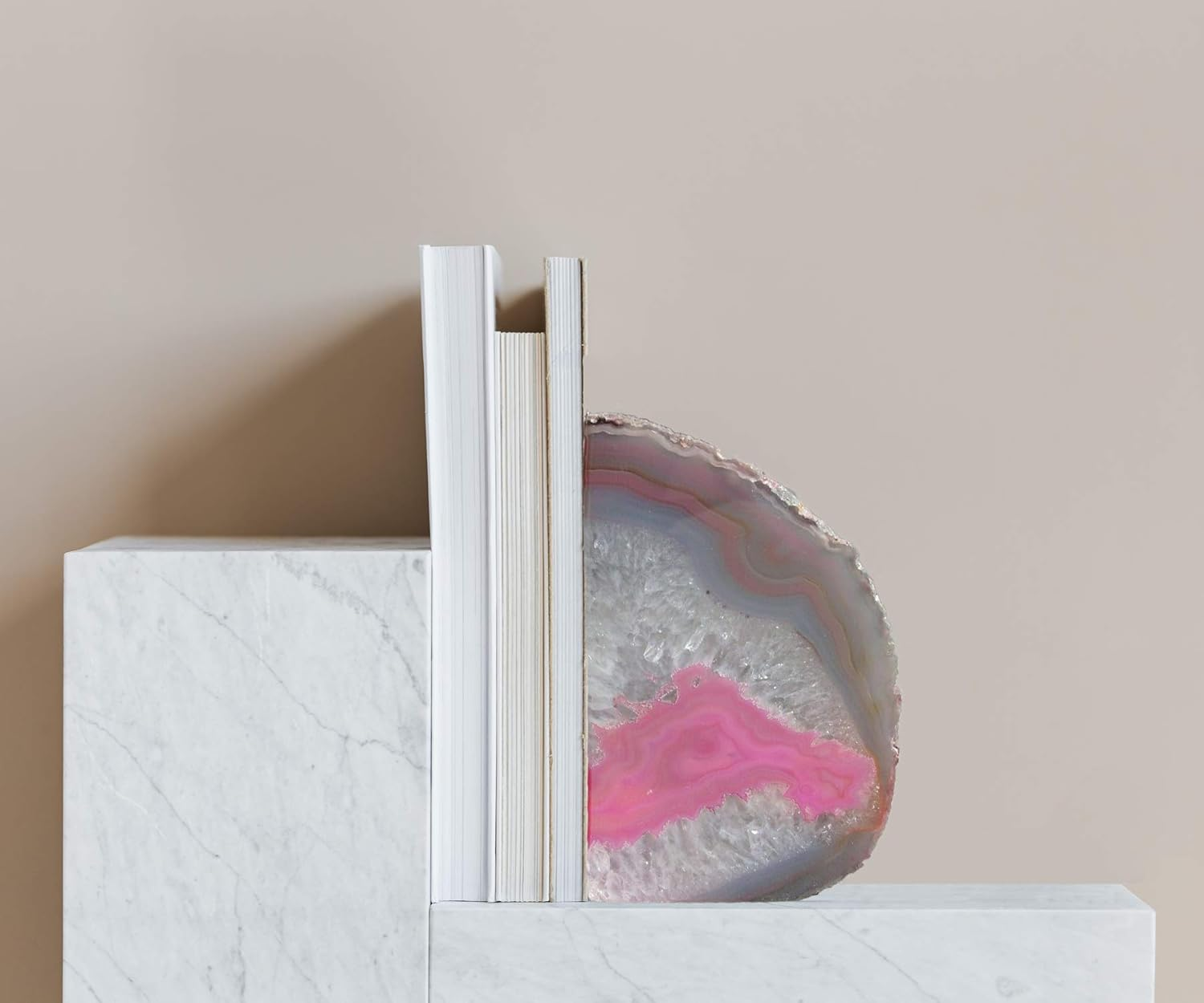 AMOYSTONE Brazilian Rock Bookends 1 Pair Pink Agate Geode Bookends 3-4 Lbs for Video Games Cds Unique Bookends Home Decorative image number 6