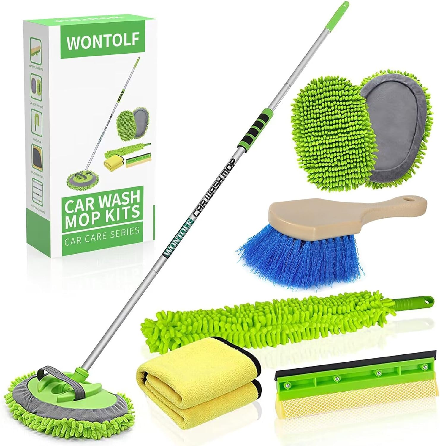 Wontolf 62'' Car Wash Brush with Long Handle Chenille Microfiber Car Wash Mop Car Washing Brush Cleaning Kit Windshield Window Squeegee Car Duster Microfiber Towels for Cars RV Truck Boat 9PCS