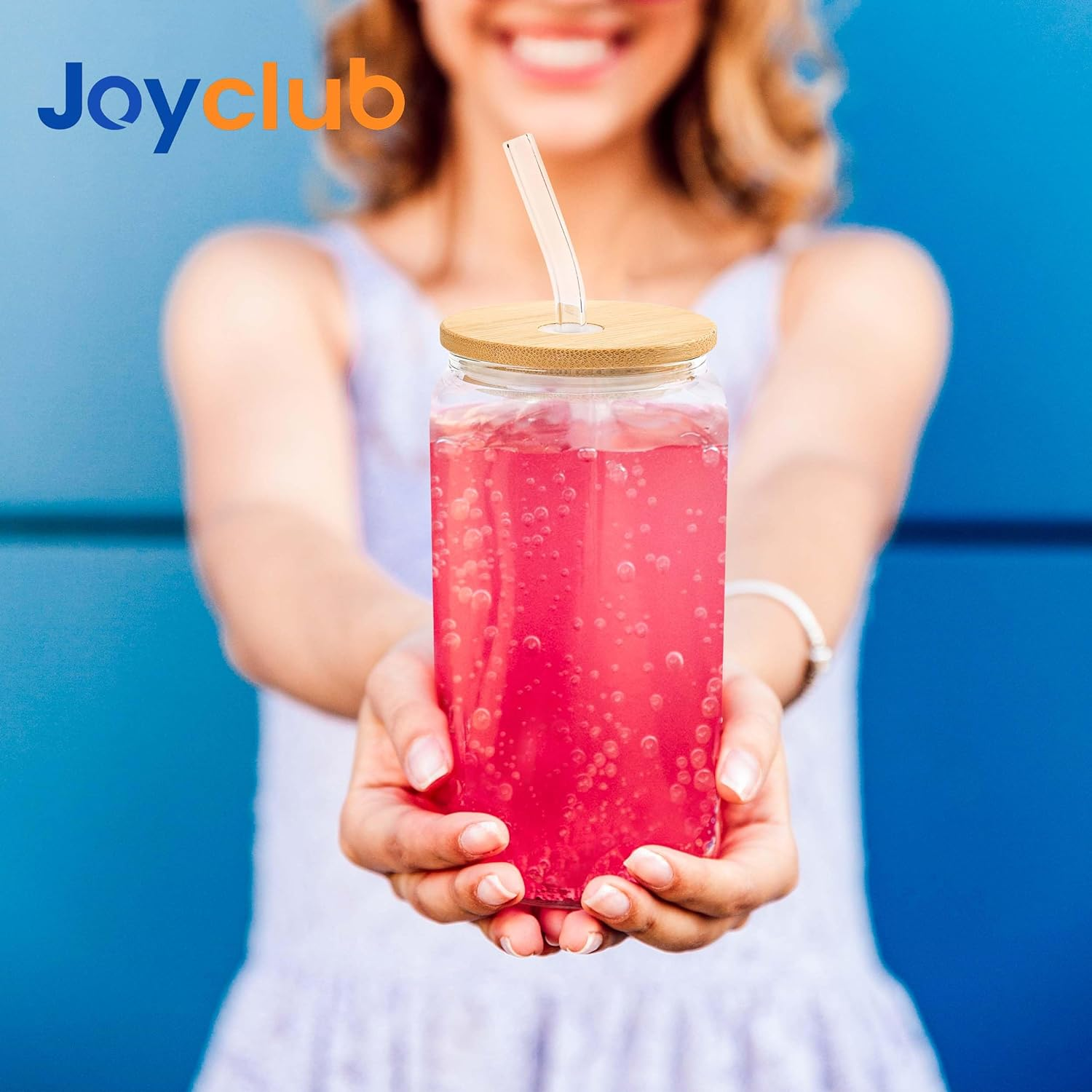Joyclub Glass Cups with Bamboo Lids and Straws 8 Set 16 Oz Reusable Iced Coffee Cup Beer Can Drinking Jars for Smoothie Whiskey Boba Soda Tea Gift image number 3