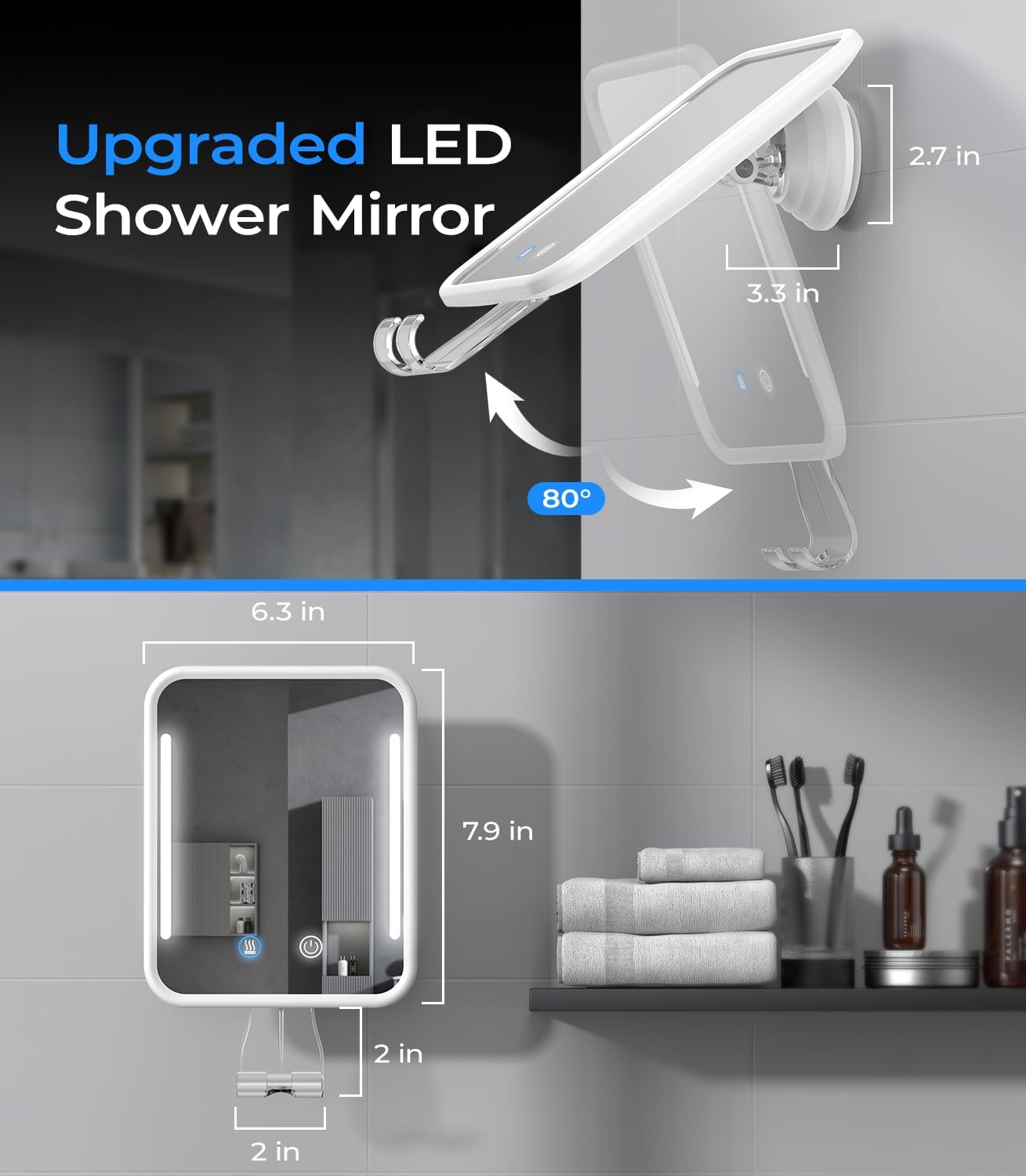 Gospire Fogless Heated Shower Mirror for Shaving, 5000 Mah Rechargeable Illuminated Shower Razor Mirror with Razor Holder, Removable & No Drilling, Bathroom Mirror with Suction Cup (White) - White image number 5