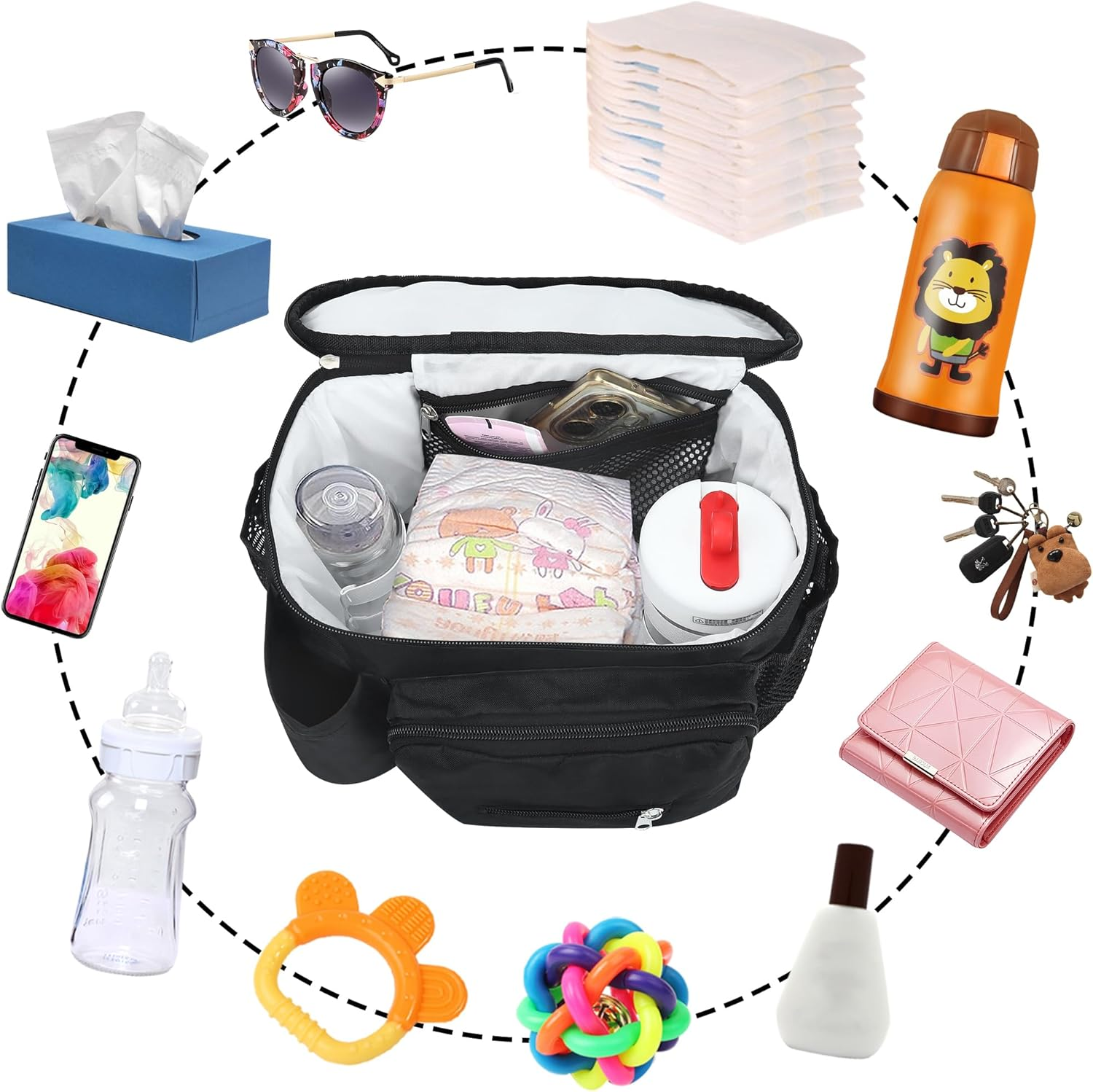 Upgraded Pram Organiser with Touch Screen Phone Pocket Buggy Bag Universal Mummy Baby Pram Bags Cup Holders Shoulder Strap Waterproof Pushchair Bag Handbag Backbag Pram Accessories image number 4