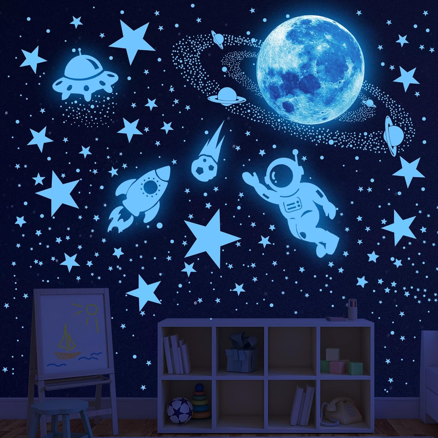Glow in the Dark Stars and Planet Wall Stickers,Galaxy Astronaut Rocket Spacecraft Alien Decoration,Planet Wall Decals,Bright Solar System Wall Stickers for Kids, Lanets Spaceship Stars Blue image number 6