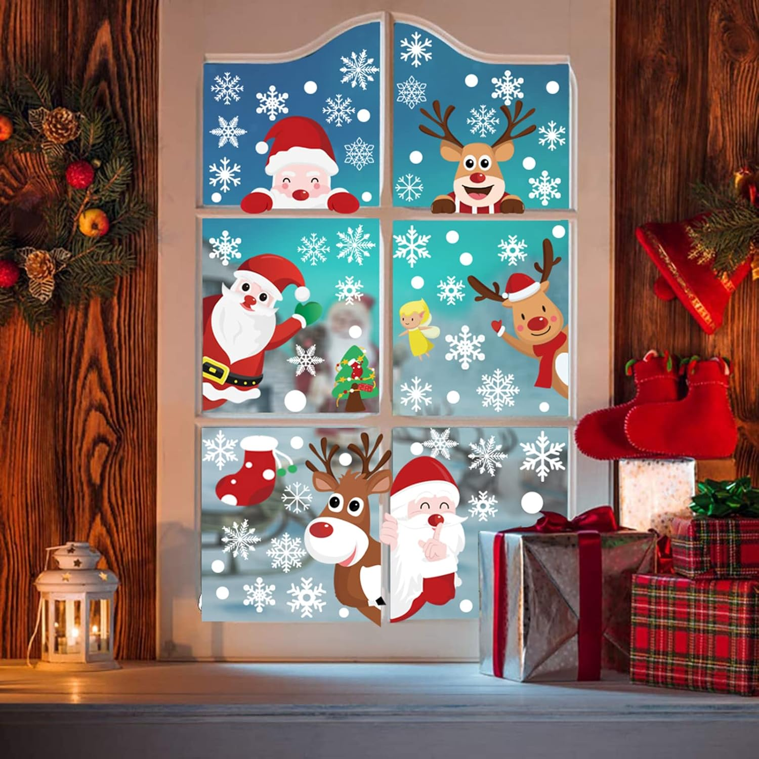 Christmas Window Glass Stickers,Mh MOIHSING 9 Sheets Christmas Window Clings Decoration,Indoor Double-Side Removable Window Sticker Decals Xmas Holiday Snowflake Santa Claus Reindeer for Glass Windows image number 3