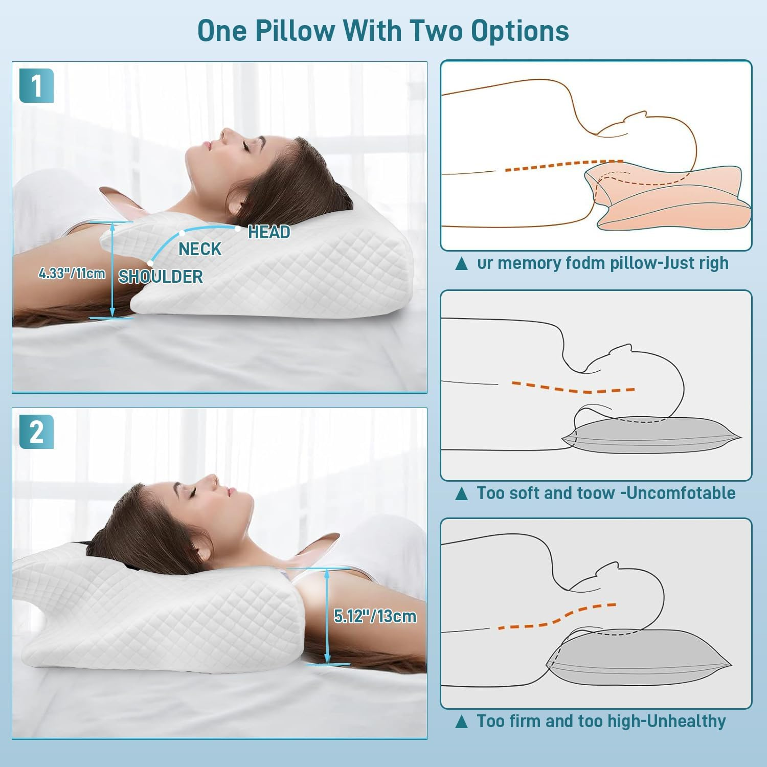 Cervical Neck Pillow for Neck Pain Relief, 2 in 1 Memory Foam Support Pillow for Sleeping, Ergonomic Pillow for Side, Back & Stomach Sleepers, Machine Washable Pillow with Removable Pillowcase image number 1