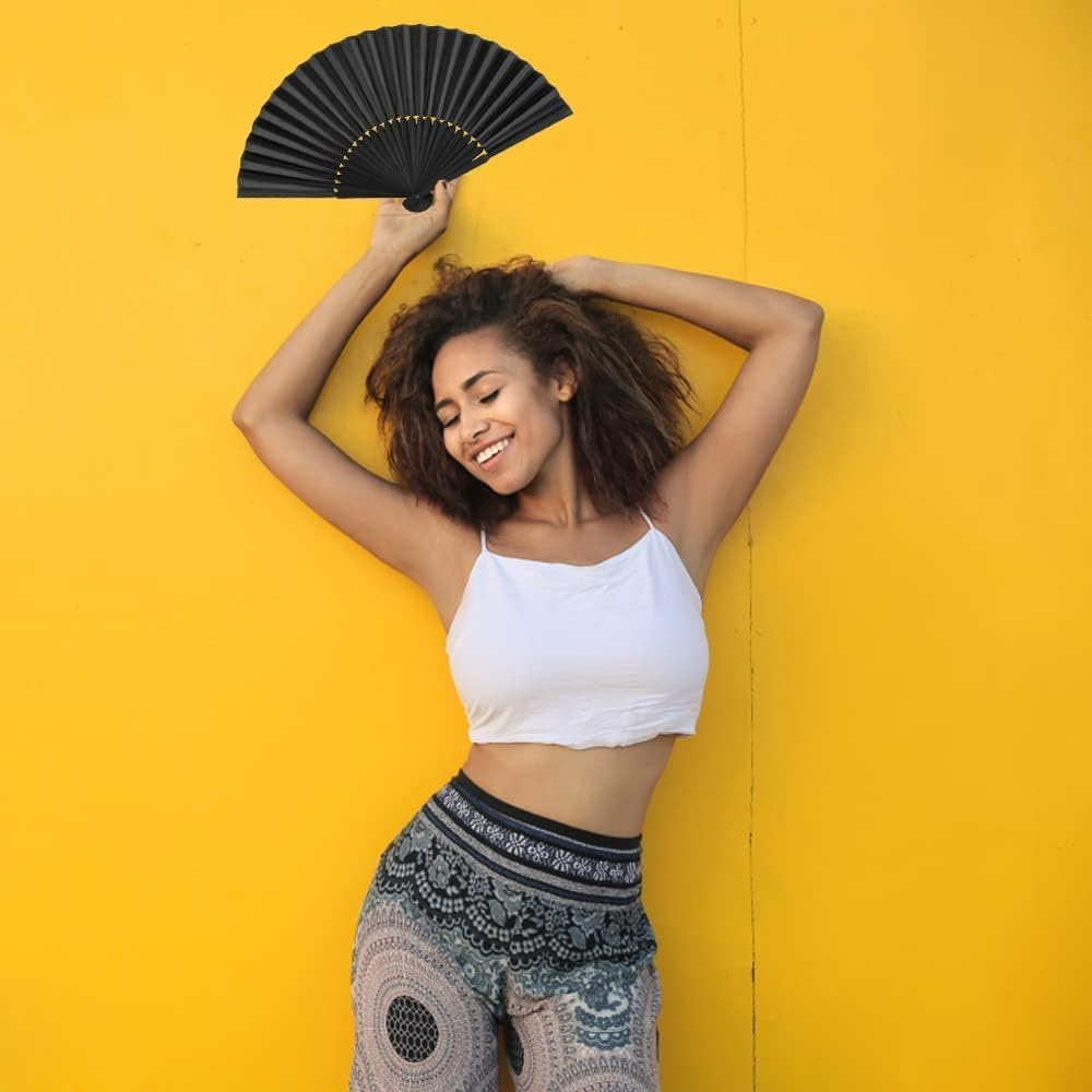 3Pcs Black Handheld Folding Fan, Chinese Retro Fabric Fan Handheld Fabric Bamboo Fan Black Chinese Ladies Folding Fan for Performances, Dances, Parties and Gifts image number 6