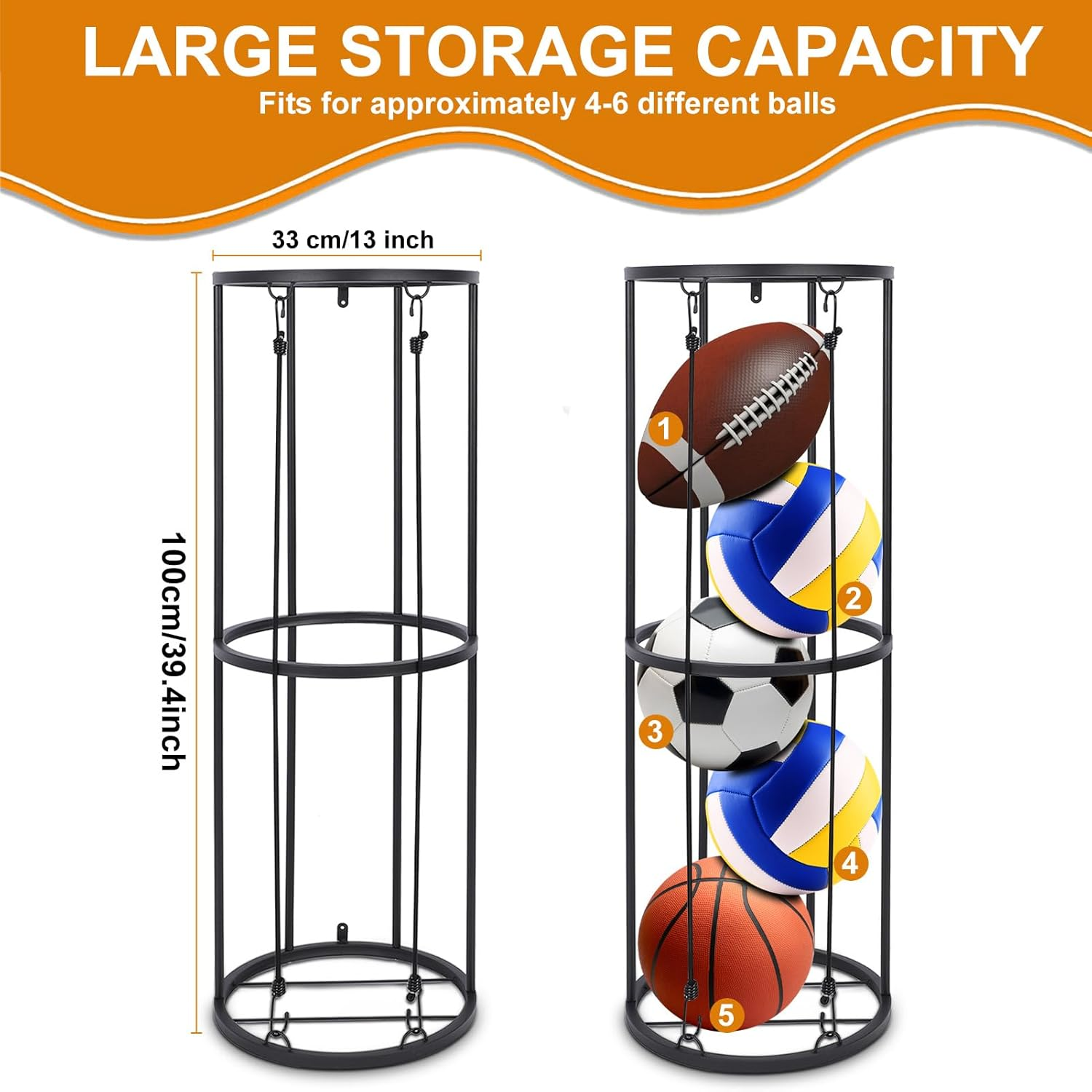 ZEMBSOYA Vertical Ball Storage Rack, Wall-Mounted Garage Sports Equipment Organizer for Basketball, Soccer and Volleyball. image number 5