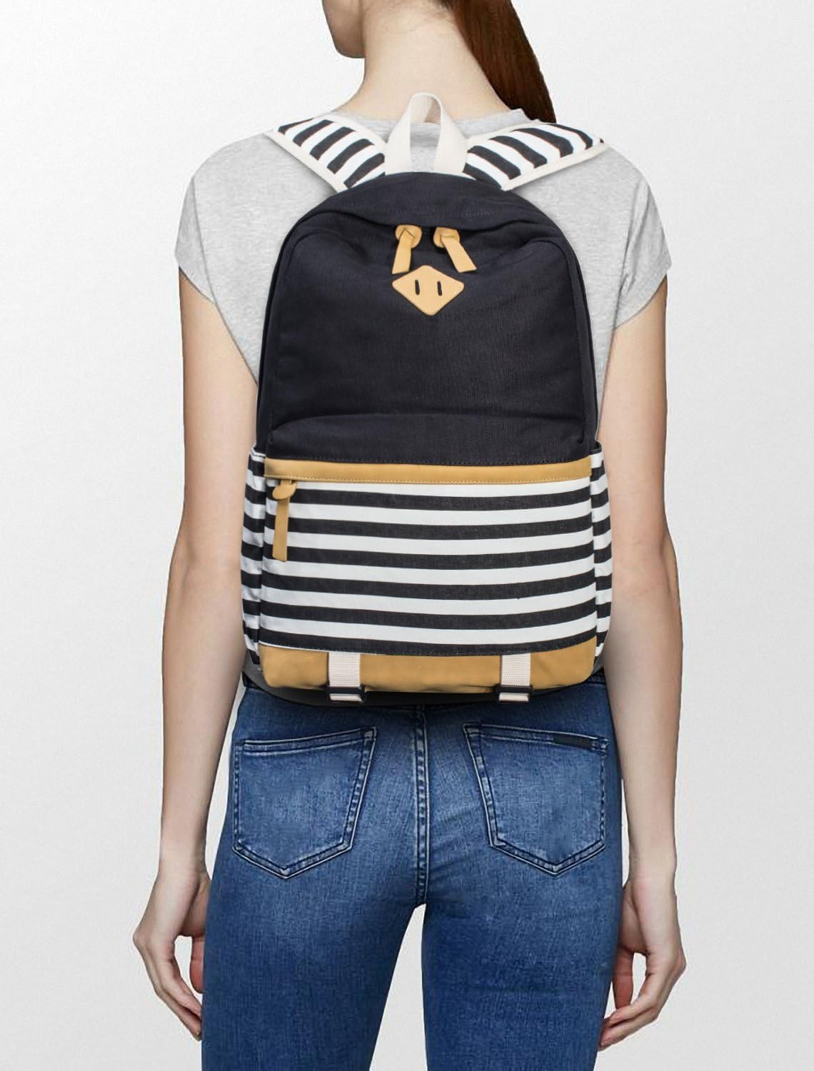 Leaper Navy Style School Laptop Backpack Girls Striped Canvas Bookbag Daypack