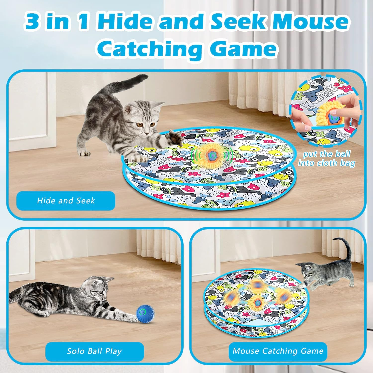 Cat Mat with Ball, 2 in 1 Simulated Interactive Hunting Cat Toy, Cat Tunnel Toy, Cat Toy Ball under a Mat, Interactive Hunting Cat Toy for Indoor Cats (Green) image number 2