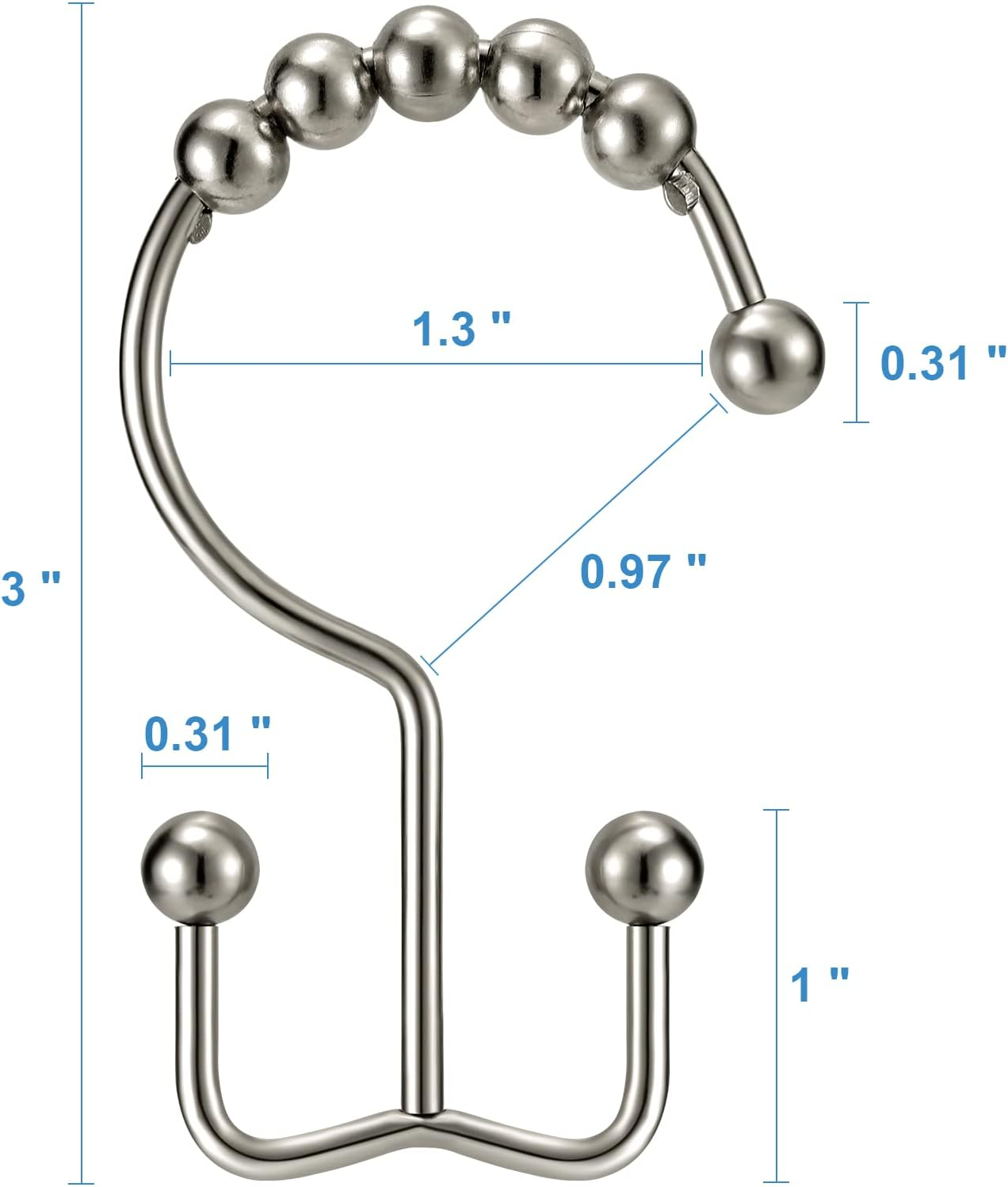 TENOVEL Never Rust 304 Stainless Steel Shower Rings, Heavy Duty Roller Double Glide Shower Curtain Hooks for Bathroom Shower Liners, Brushed Nickel, Set of 12 Hooks - Brushed Nickel image number 3