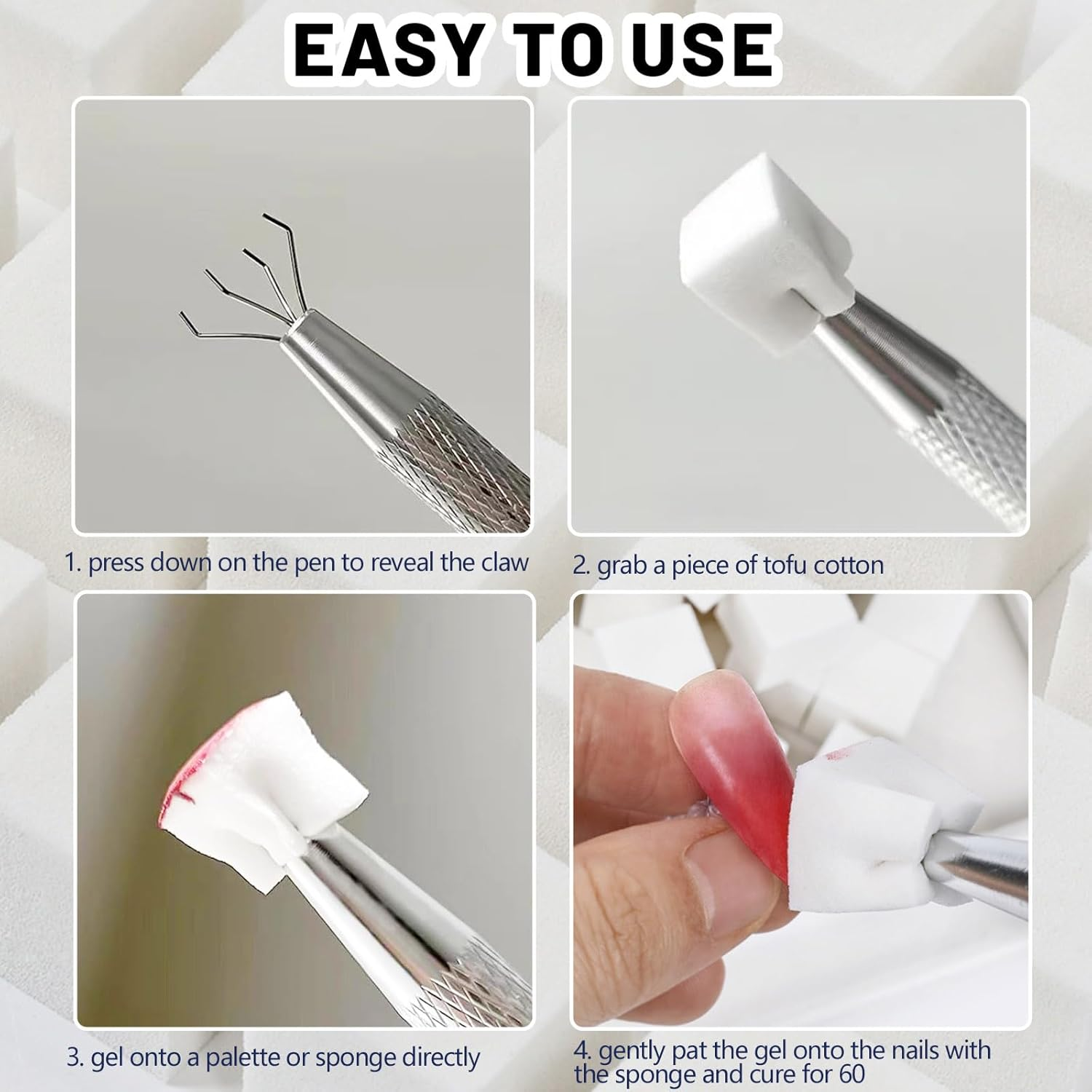 Wishesmar Pack of 100 White Nail Art Sponge for Gradient Nail Design to Create with Metal Gripper, 5 Sheets Nail Stencils Sticker Tweezers, Nail Brush Sponge Brush Applicator Accessories image number 5