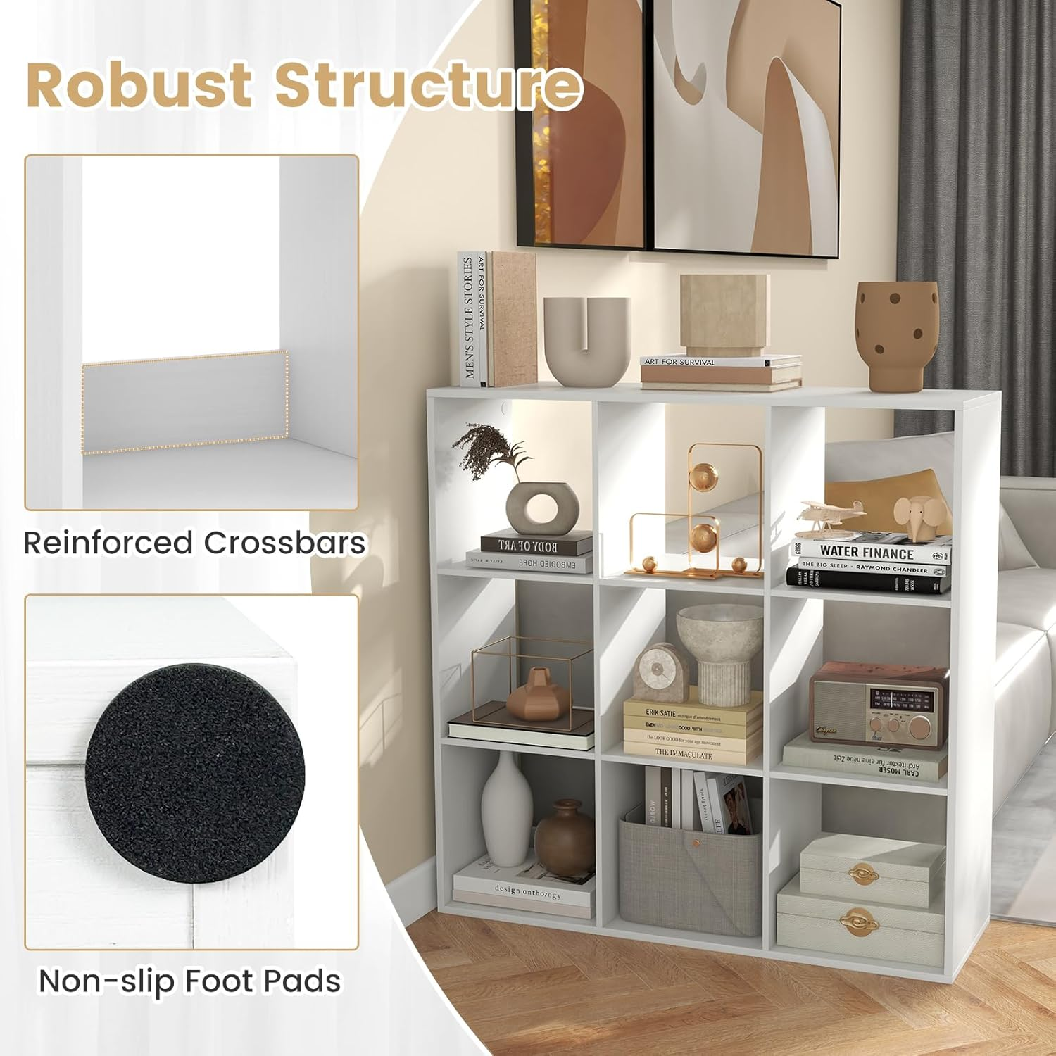 Giantex 8-Cube Bookshelf, Modern Cubby Bookcase with Back Guardrail & Anti-Tipping Kits,5-Tier Freestanding Open Storage Organizer with Shelves for Living Room, Bedroom, Study, White (9-Cube) image number 6