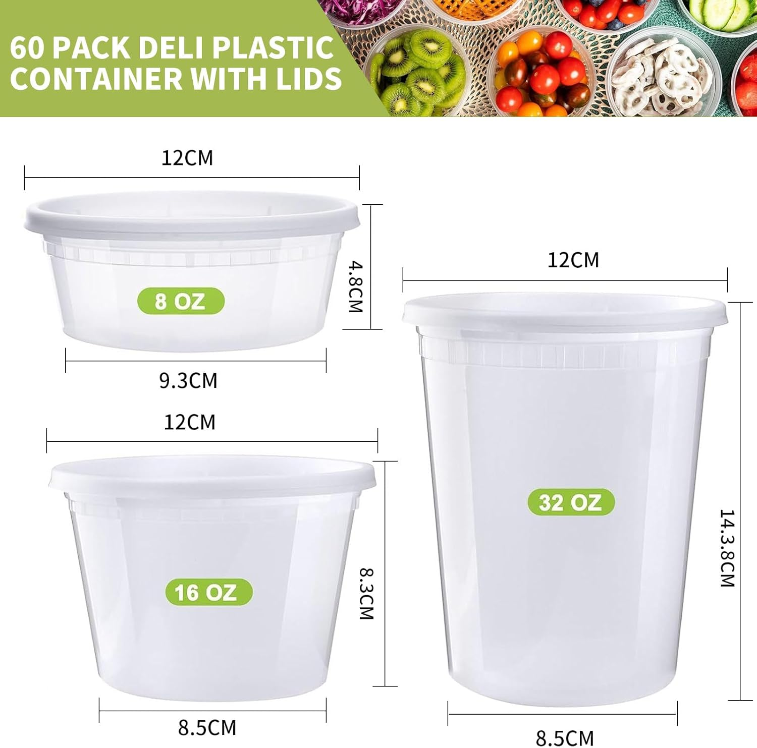 TFMODBFA 60 Sets Deli Containers with Lids [8/16/32Oz, Each 20Sets] Plastic Food Storage Containers with Airtight Lids, Leakproof, BPA Free and Stackable, Microwave/Freezer/Dishwasher Safe image number 2