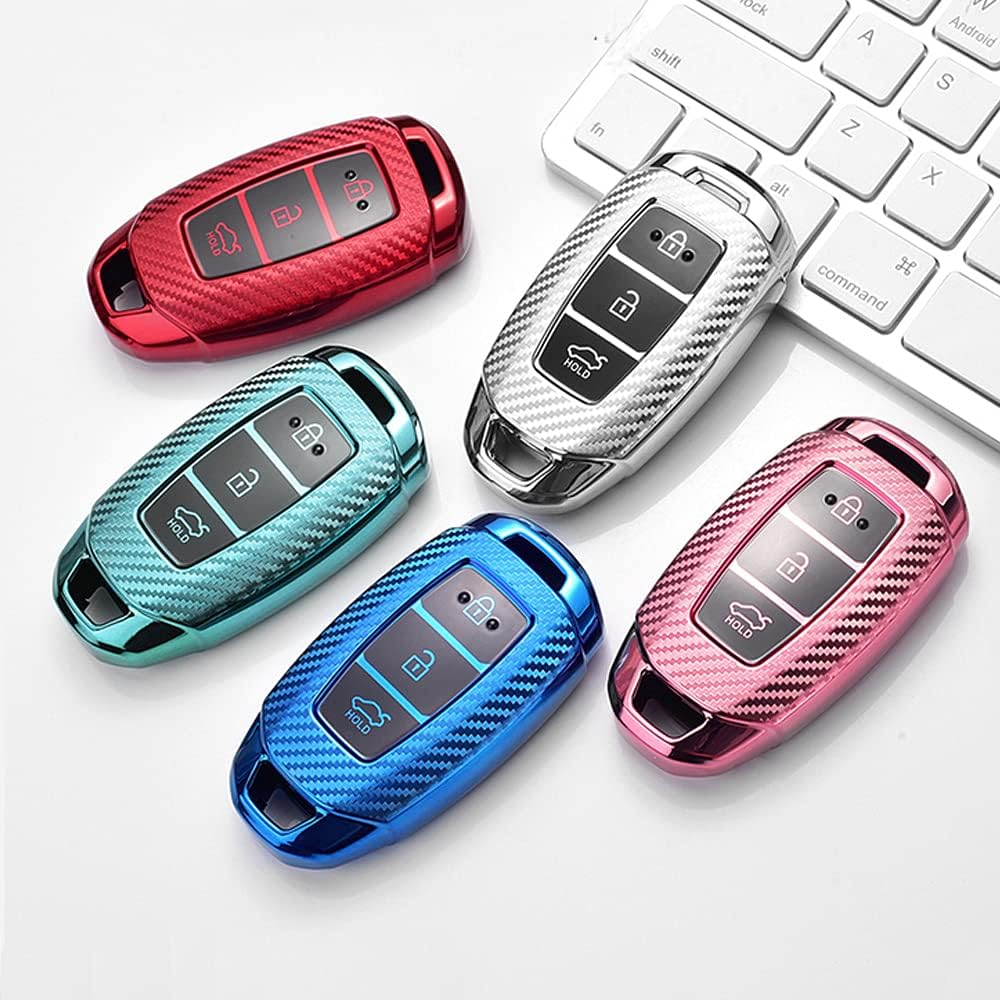 HIBEYO TPU Carbon Fiber Texture Car Key Fob Cover with Keychain Fits for Hyundai Solaris I20 Ix25 Creta Car Key Case Cover - Green image number 2