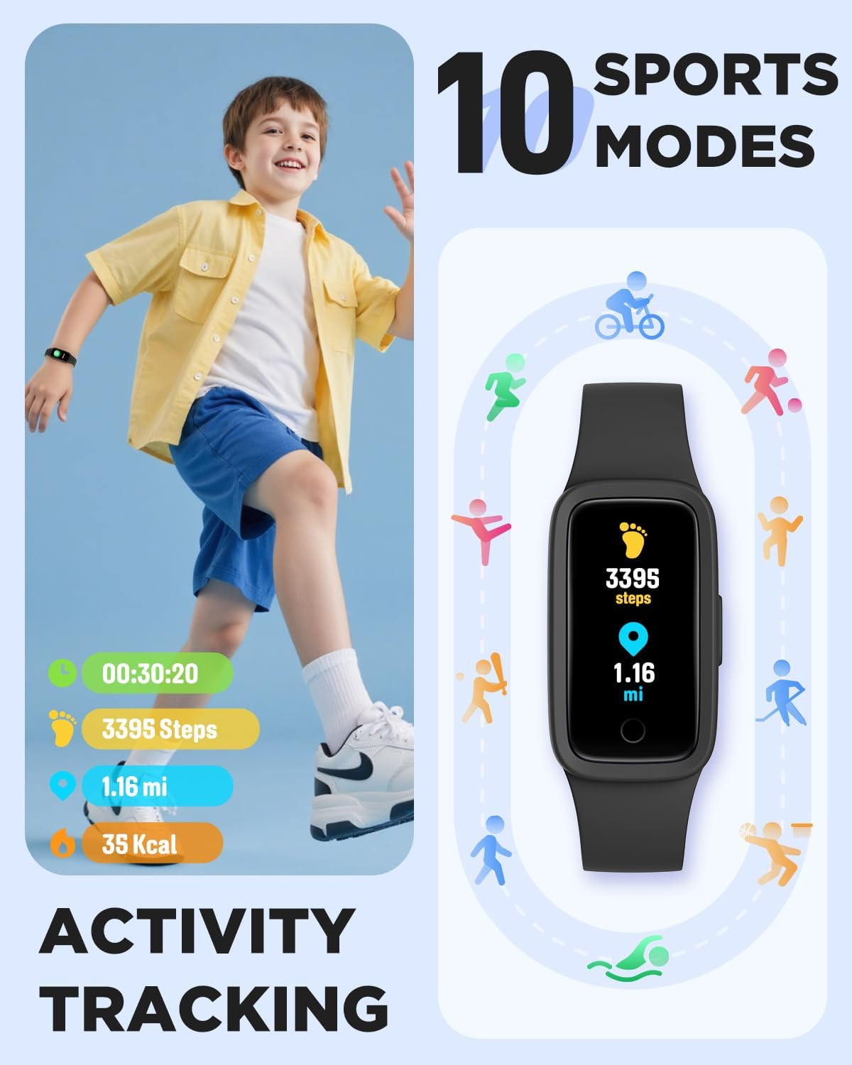 BIGGERFIVE Vigor 3 Kids Fitness Tracker Watch, AMOLED Screen, No App No Phone Needed, 3ATM Waterproof, Heart Rate and Sleep Monitor, Pedometer Watch, Sports Step Counter for Boys Girls Ages 5-15,Black image number 6