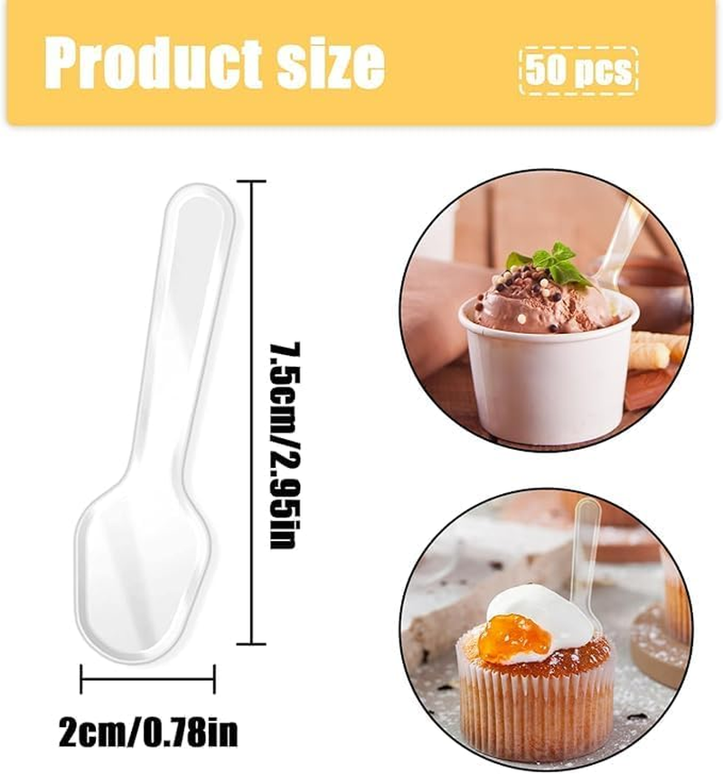 Roczential Small Plastic Spoons, 50 Pieces Transparent Mini Spoons for Ice Cream, Cake, Pudding, Yogurt (7.5Cm/2.95Inch)