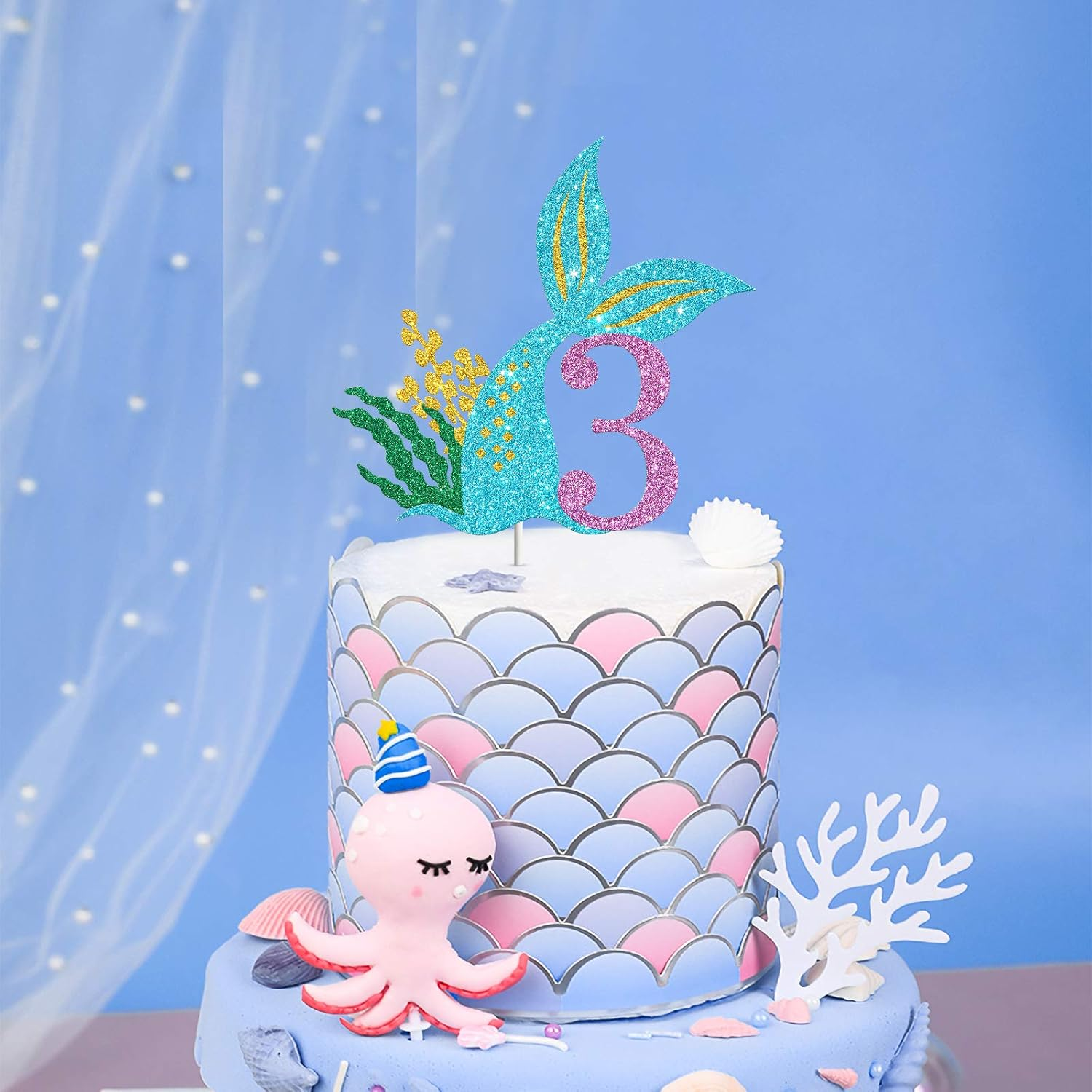 Mermaid Three Cake Topper, Happy 3Rd Birthday Cake Decor, I'M Three Sign, Little Mermaid Birthday Party Decoration Supplies, Daughter of the Sea, under the Sea Themed, Ocean Themed - Glitter image number 2