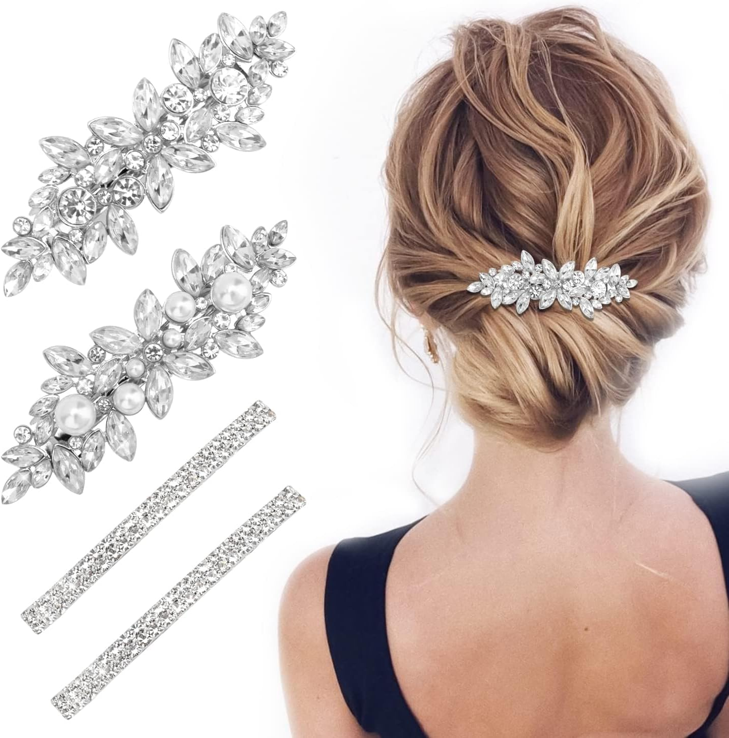 Hair Barrettes, 4 Pcs Rhinestone Hair Clips for Women - Hair Clip Barrettes with Rhinestones Crystal & Metal Alloy, Flower Hairpins for Women - Hair Accessories for Wedding, Party, Everyday image number 4