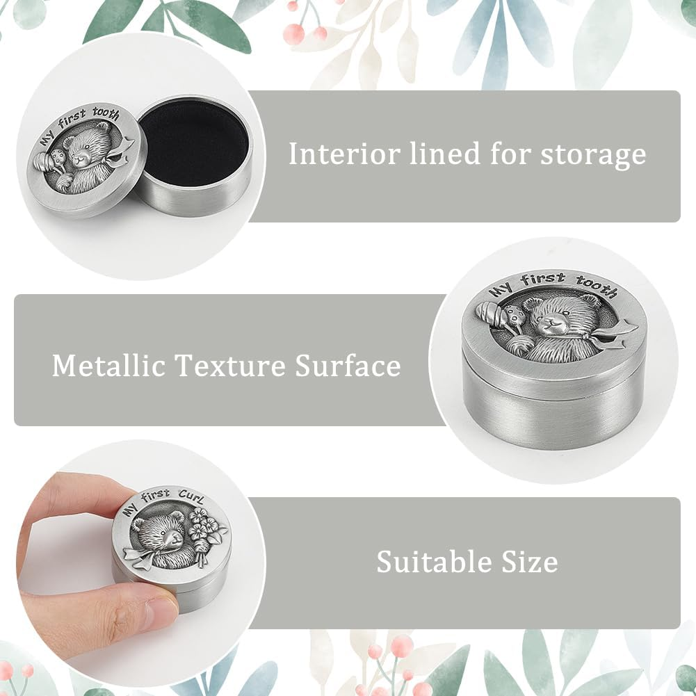 FINGERINSPIRE 2 PCS My First Curl & Tooth Bear Keepsake Box - 1.3Inch Inner Size Antique Silver Baby Teeth Collection for Childhood Memory, Alloy Tooth Holder and Curl Organizer Set image number 1