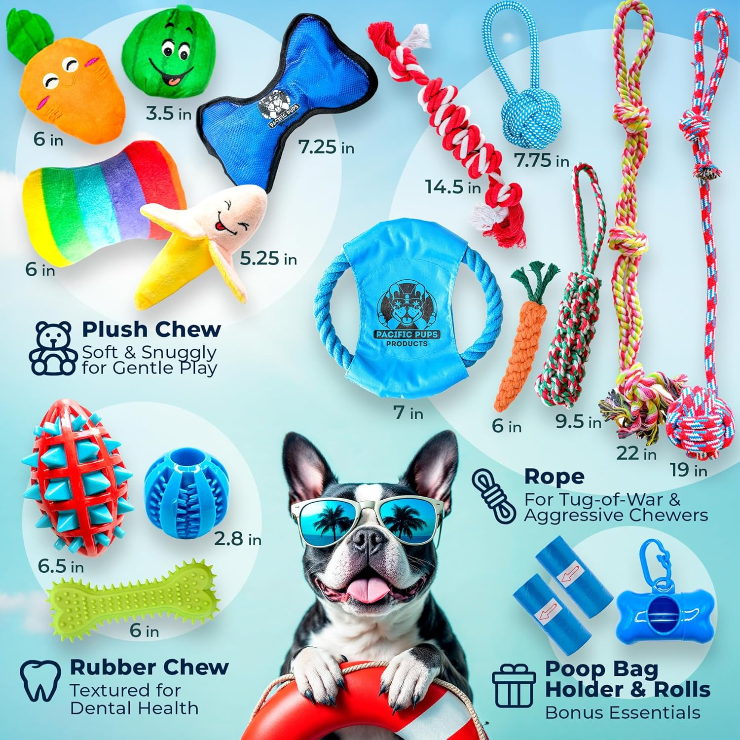 Pacific Pups 18 Piece Dog Toy Set - Plush, Rope & Chew Toys Support Non-Profit Dog Rescue