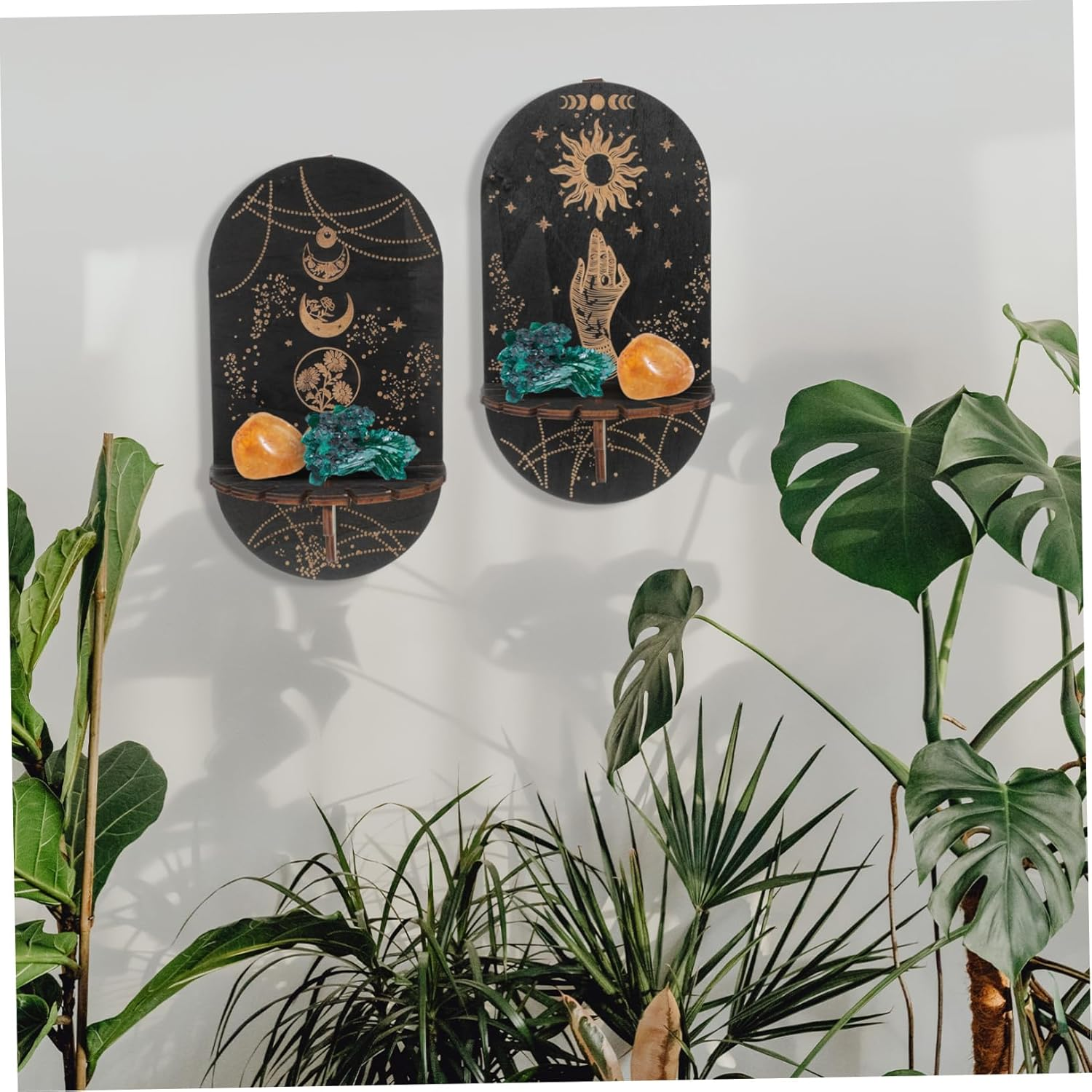 Cabilock 2Pcs Bohemian Style Wooden Crystal Display Rack Sturdy Wall Decor for Home Weddings and Parties Unique Crystal Stone Shelf Stand for Jewelry and Gem Collection image number 4