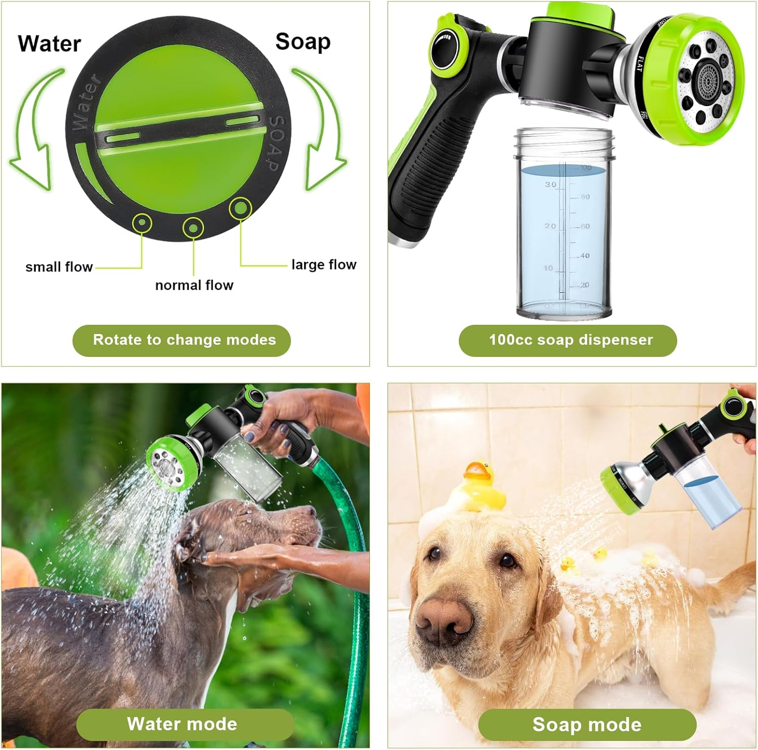 Dog Washing Hose Attachment, Dog Sprayer with 3.5Oz/100Cc Soap Dispenser Bottle, Massage Brush, Solid Brass Garden Hose Adapters, Garden Hose Nozzle for Pet Bathing, Car Washing - Green image number 3