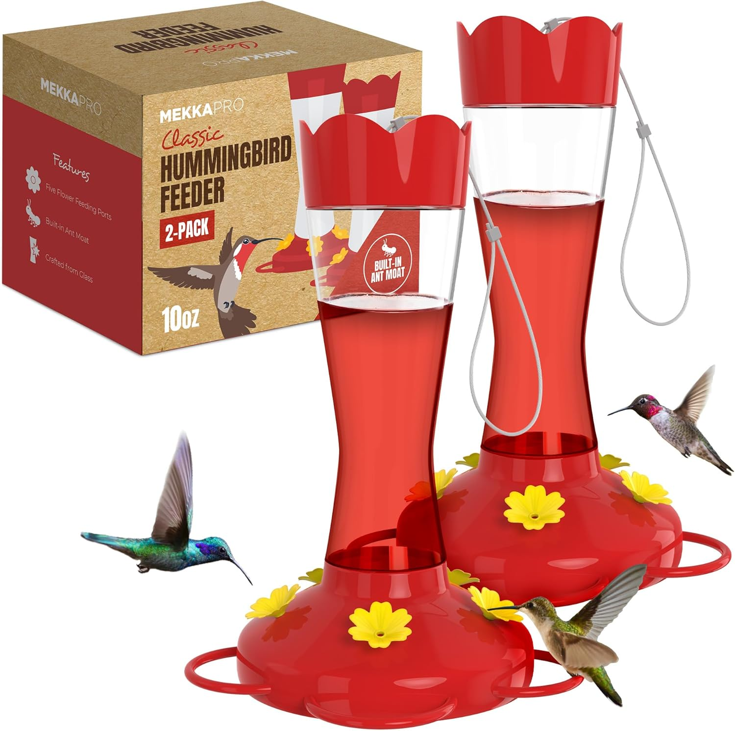 MEKKAPRO Two-Pack Outdoor Hummingbird Feeder Made from Glass, 10Oz, Hanging 5 Nectar Feeding Stations, Bright Red, Backyard Feeder (10 Ounce - 2 Pack) image number 6
