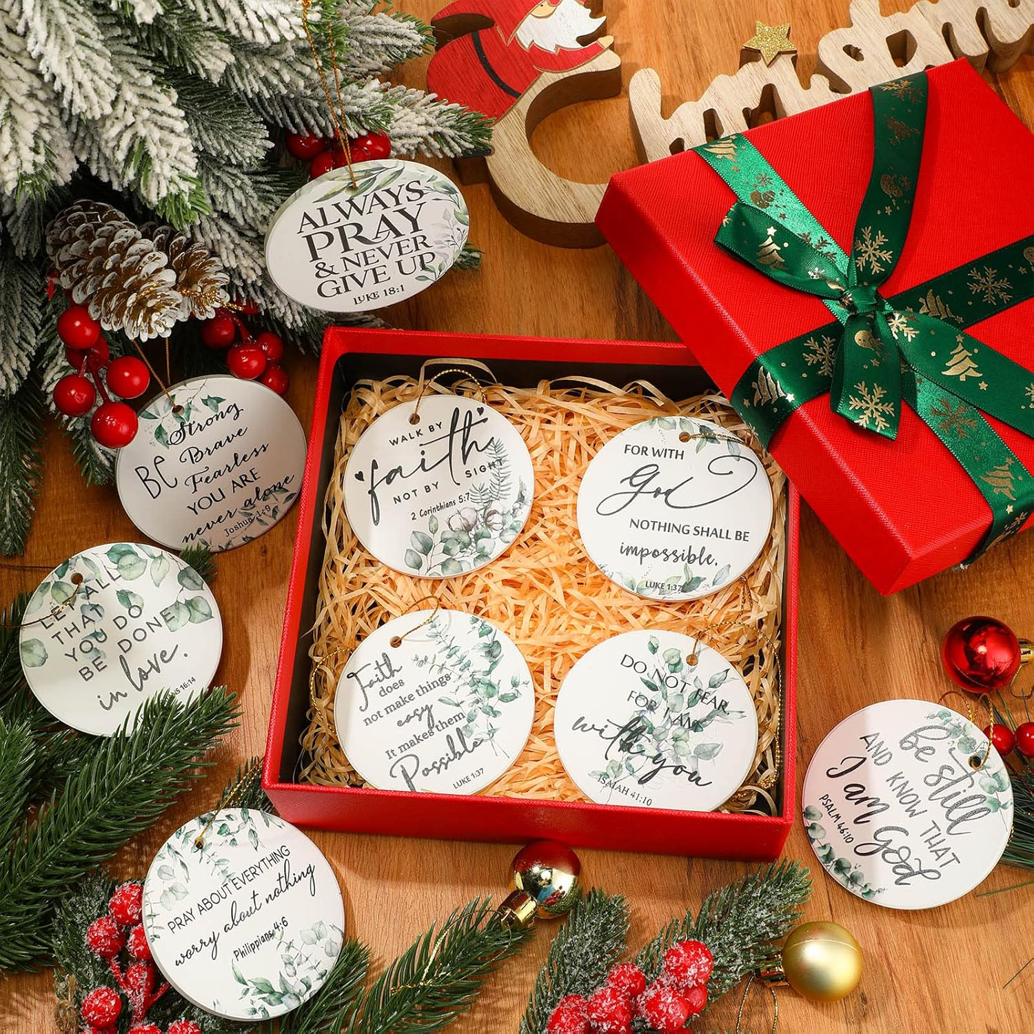 Fumete 18 Pcs Christmas Double Sided Printing Religious Ornaments Bulk Christian Ceramic Hanging Ornaments Bible Verse Inspirational Quote Botanical Plant Green Leaves round Flat Decor Church Gift