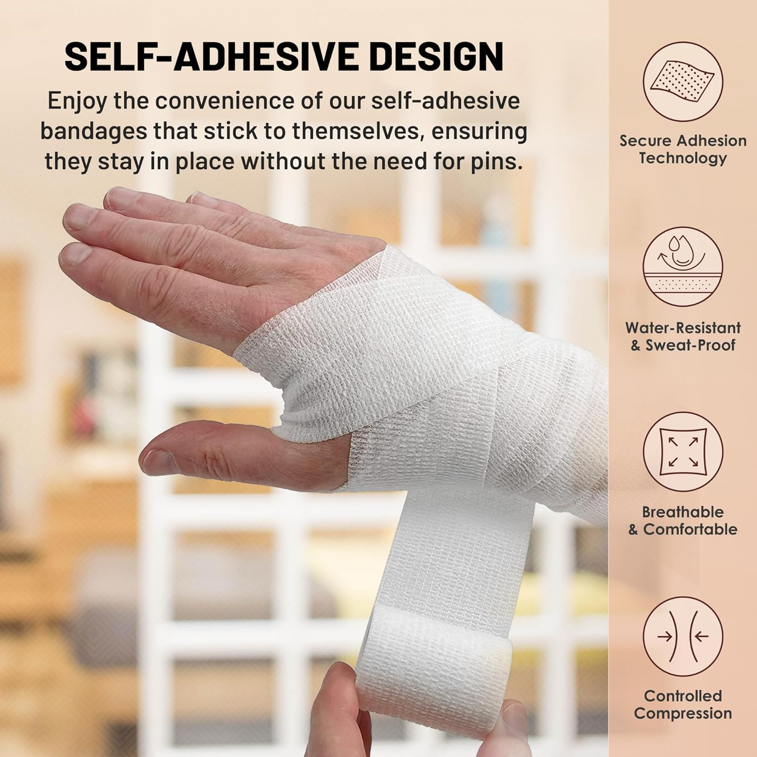 6 Pack, Self Adherent Cohesive Tape - 2&rdquo; X 5 Yards, Self Adhesive Bandage Rolls & Sports Athletic Wrap for Ankle, Wrist, Knee Sprains and Swelling, Vet Wraps in White Color image number 1