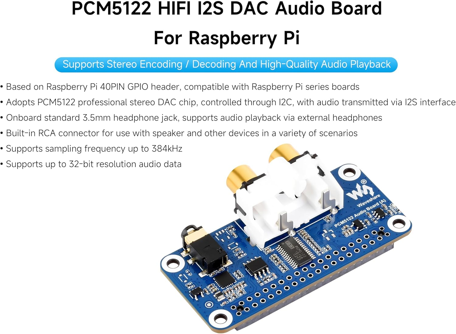 PCM5122 Hifi I2S DAC Sound Card Audio Board Compatible with Raspberry Pi 5/4B/3B+/3B/Pi Zero W/Zero 2W/Pico W/Pico 2W, Stereo Encoding/Decoding, Onboard 3.5Mm Headphone Jack & RCA Connector image number 1