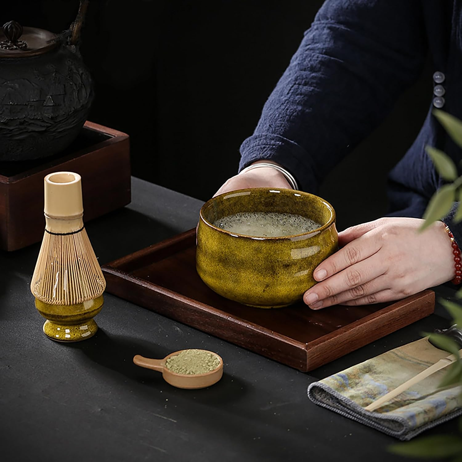Japanese Matcha Tea Set with Whisk and Bowl (7Pcs) - Accessories, Latte Kit, Bamboo Whisk Stand - Perfect for Tea Ceremony (Kiln Glaze-Yellow) image number 5