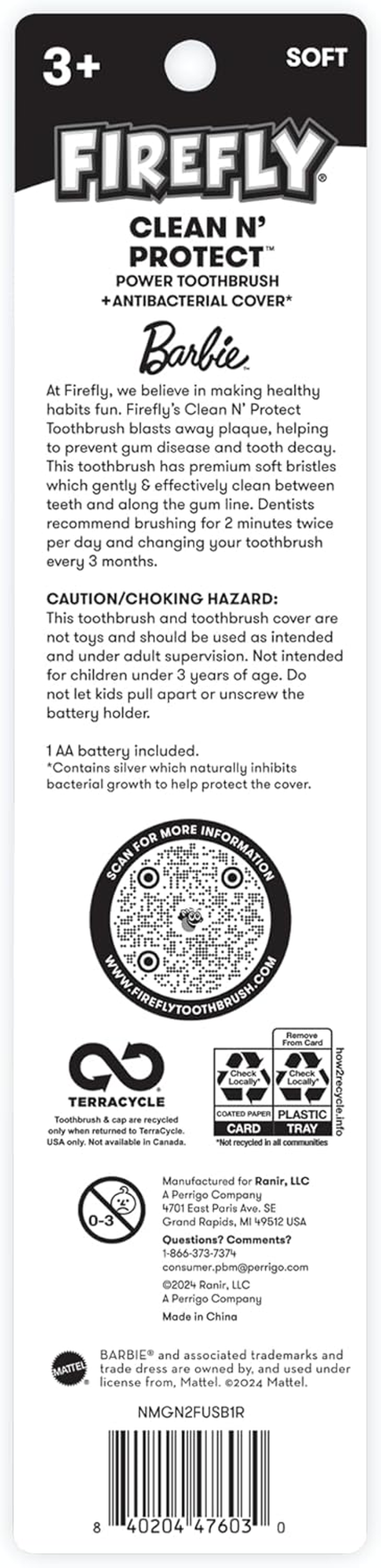 Firefly Clean N' Protect Barbie Toothbrush with Antibacterial Cover, Soft Bristles, Battery Included, Ages 3+, 1 Count image number 3