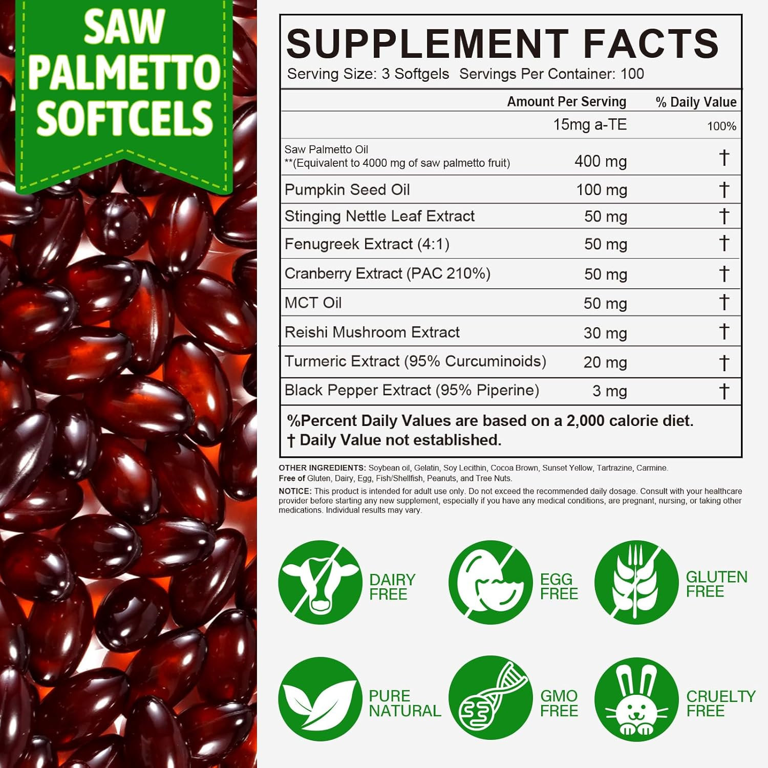 Saw Palmetto 4000Mg | Standardized to 85% Fatty Acids | with Pumpkin Seed, Stinging Nettle, Reishi & More | Non-Gmo | Gluten, Dairy & Egg Free | 300 Softgels image number 3