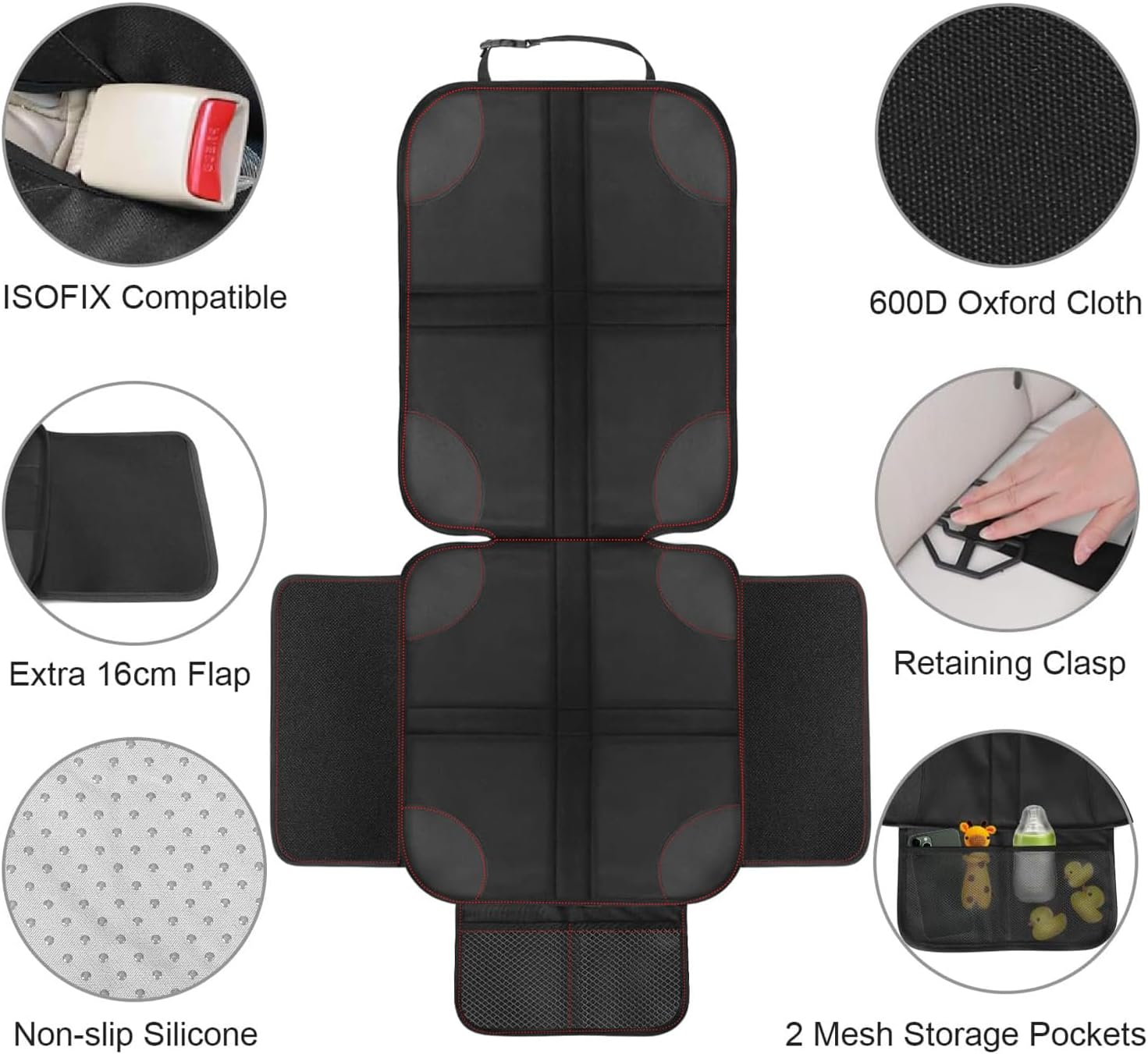 Xkimos Car Seat Protector for Child Car Seat, 600D Fabric Waterproof Car Seat Cover with Non-Slip Backing, Universal Fit with Mesh Pockets & Extra-Wide Side Wings (1 Pack) image number 6