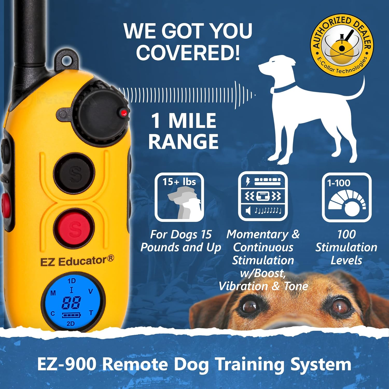 E-Collar Educator EZ-900-1/2 Mile Remote Waterproof Dog Trainer - Static, Vibration and Sound Stimulation Collar with Petstek Dog Training Clicker image number 1