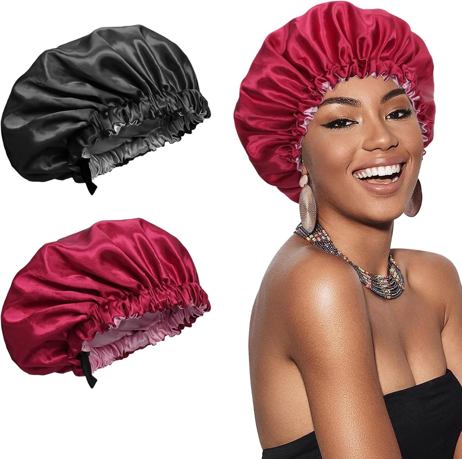 Euqvunn Pack of 2 Silk Bonnet for Sleeping, Adjustable Silk Sleep Cap with Wide Elastic Band, Double-Sided in Two Colours, Protection for Long/Straight/Curly Hair (Black Red) image number 5