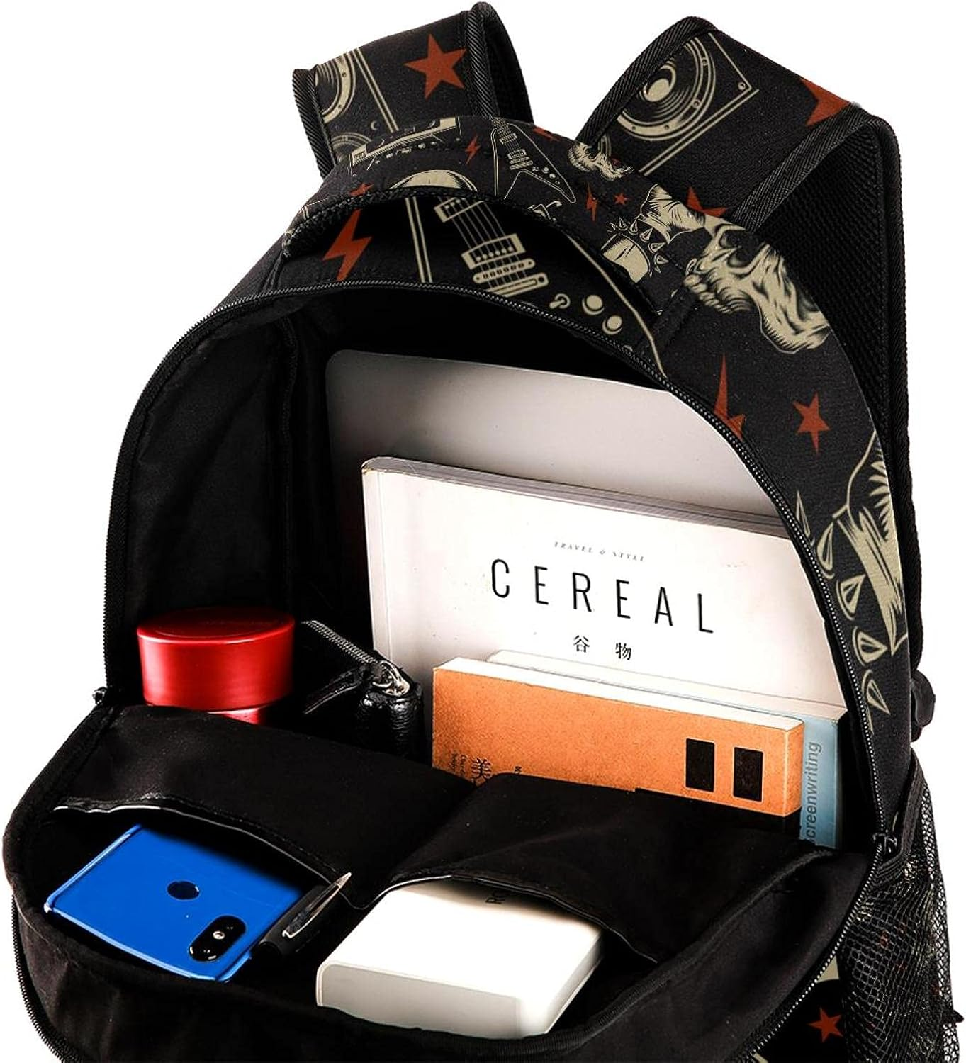 Grunge Pattern with Skulls Guitar Backpack Students Shoulder Bags Travel Bag College School Tote Backpacks image number 2