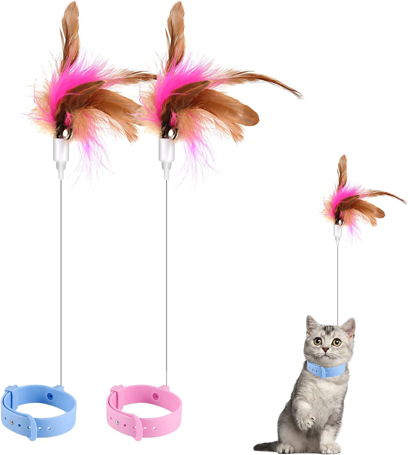 Cat Teaser Toy, Cat Wand Toy Retractable Cat Feather Toys with Silicone Collar Interactive Cat Toys for Indoor Cat Kitten Exercise (Blue, Pink) image number 4