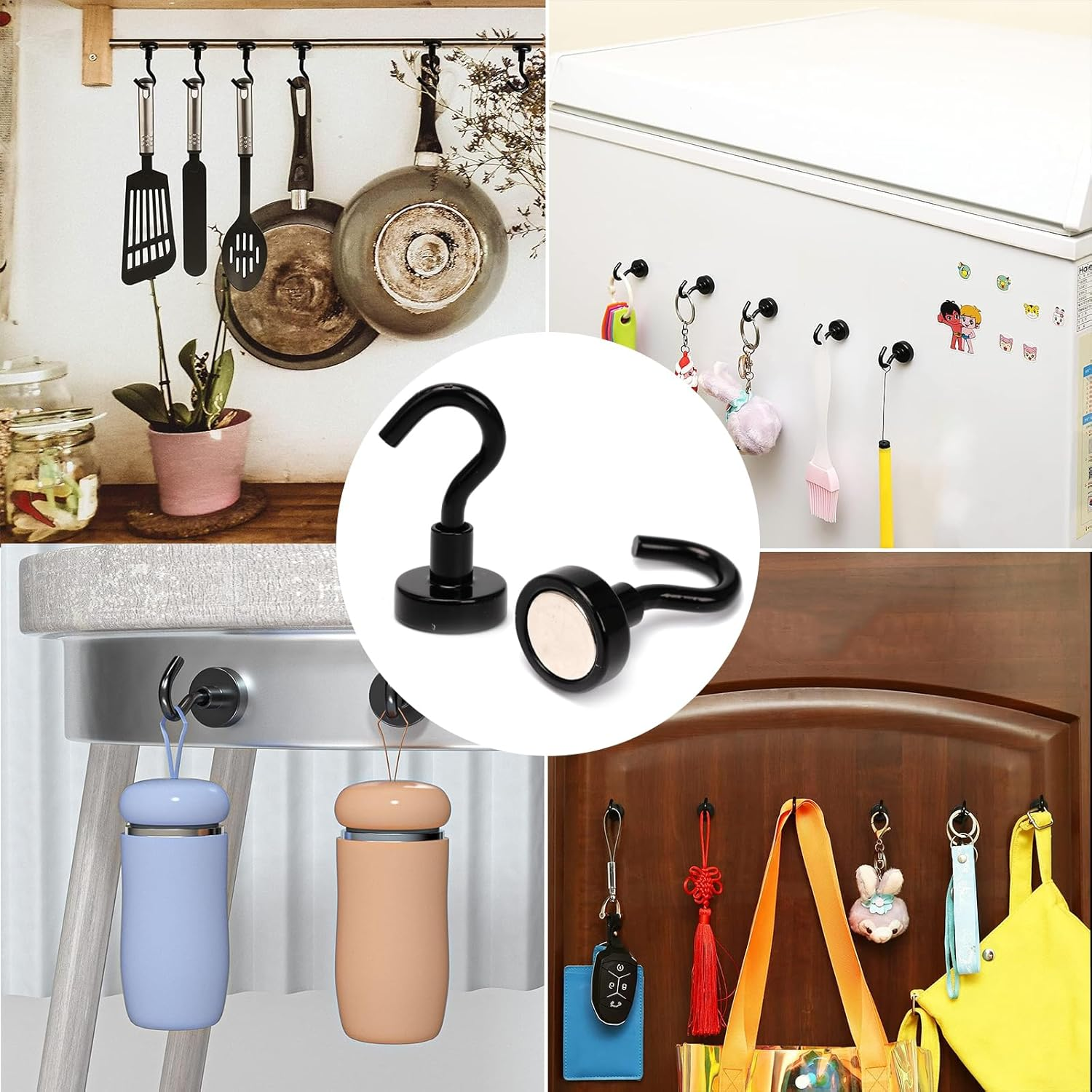 Leuik 20Pcs Magnetic Hooks Heavy Duty Strong Magnet Hooks for Hanging with Neodymium & Non Scratch Adhesive, Magnetic Hanger for Cruise Ship Camping Grill Kitchen Toolbox Storage Refrigerator,Black image number 1