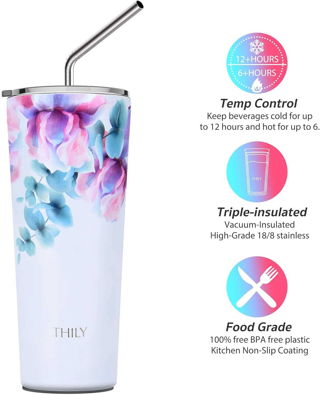 Stainless Steel Vacuum Insulated Tumbler - THILY Travel Mug 26 Oz Coffee Cup with 2 Lids and Straws, Splash Proof, Keep Ice Drinks Cold, Pink Lilies