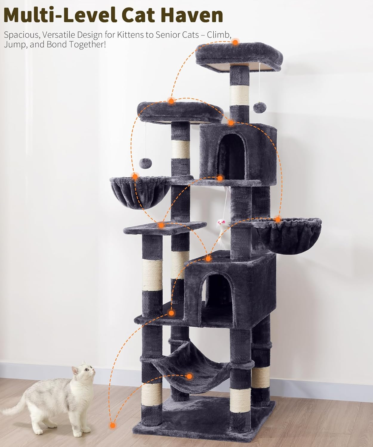 AMHANCIBLE Cat Tree, 180 Cm Tall for Indoor Adult Cats, Large Multi-Level Tower with Scratching Post, Hammock, Condos, Hanging Basket, Activity Center to Play and Sleep, Dark Grey, PT18DG